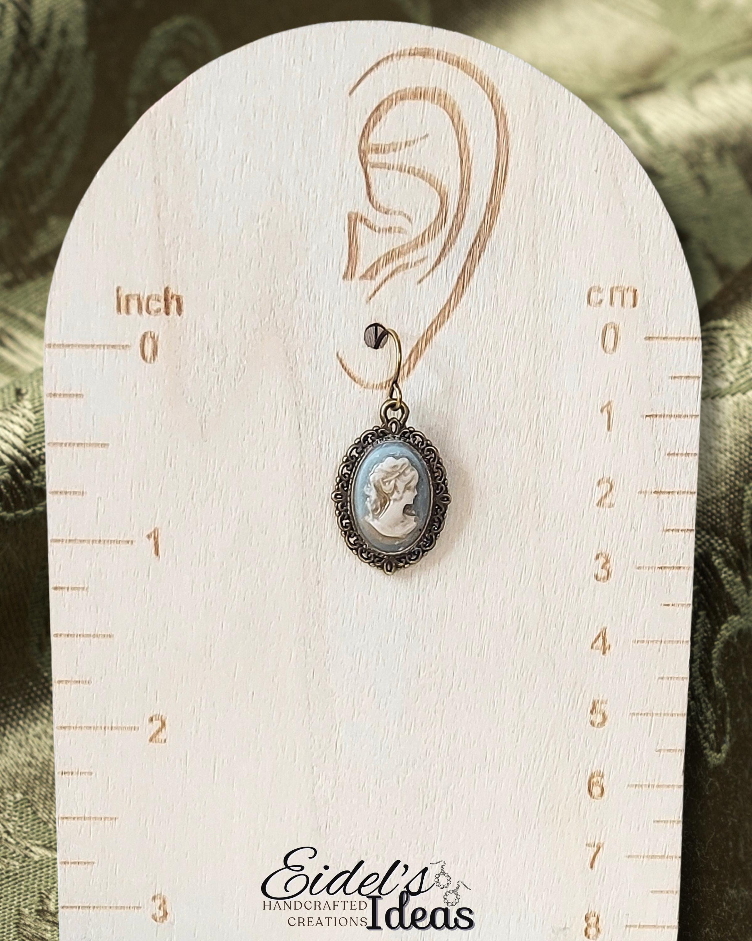 Antique Brass Cameo Earrings – Handcrafted, Sky Blue | Hypoallergenic Vintage Style Jewelry | Victorian Gift for Her