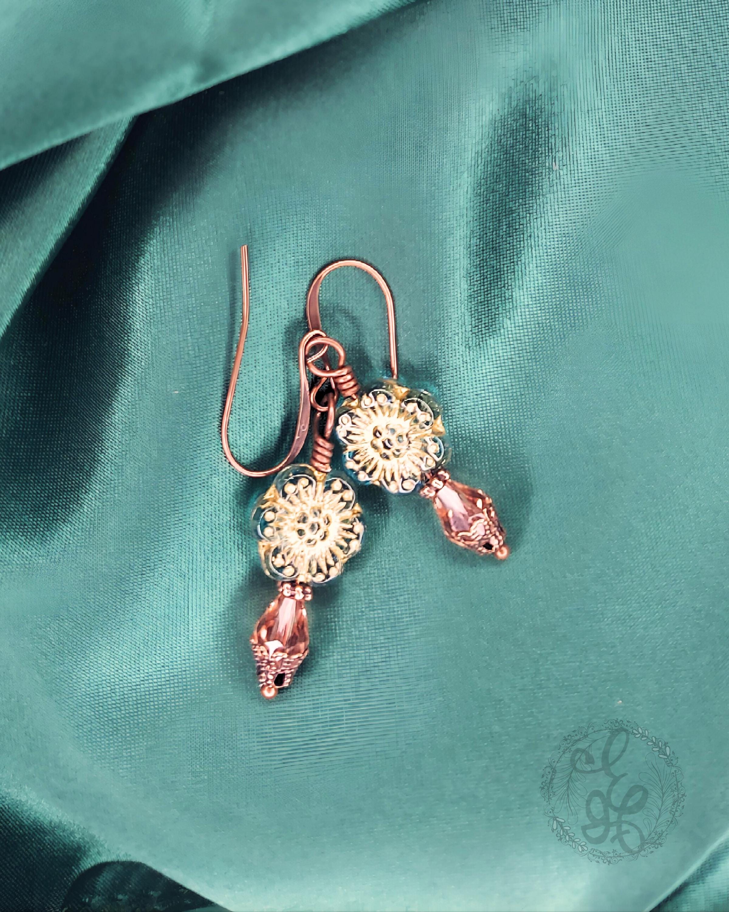 Artisan Czech Glass Earrings • Antique Copper Floral Dangles • Crystal Teardrop Vintage Style Jewelry