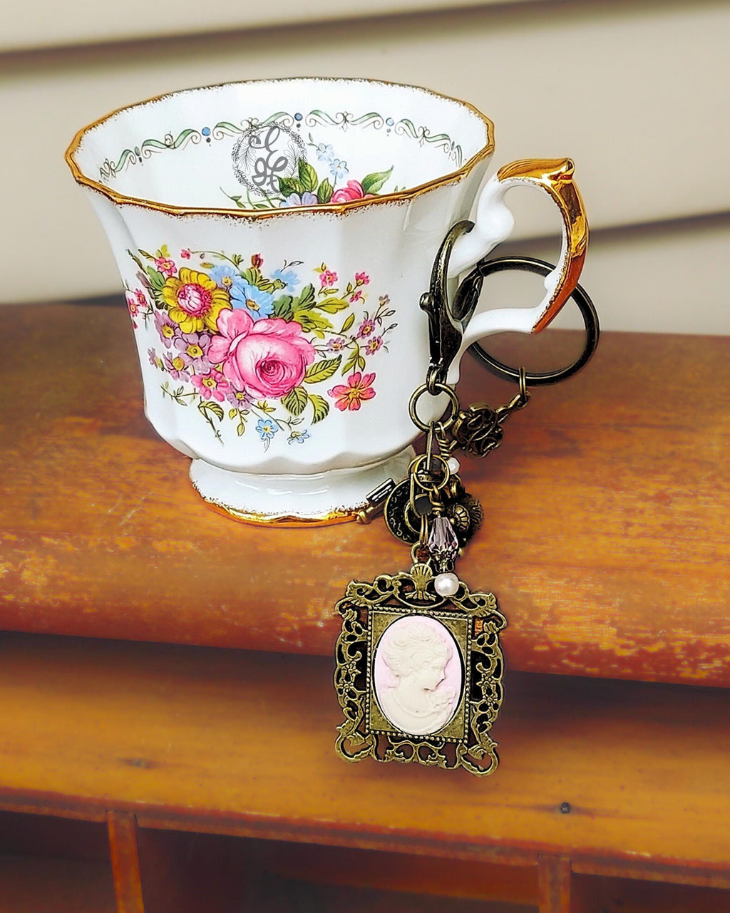 Victorian Tea Purse Charm & Keychain – Handcrafted Cameo, Teapot and Crystal Charms – Antique Brass