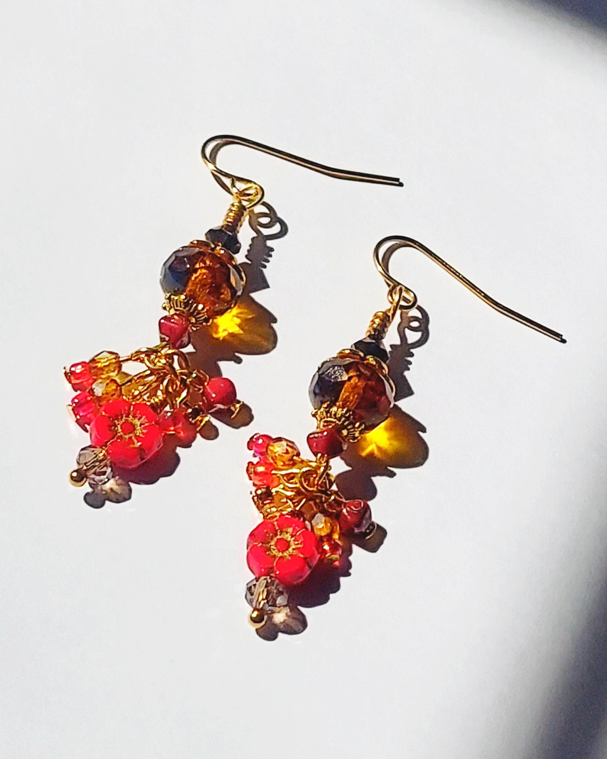 Czech Glass Dangle Earrings – Vintage-Inspired Amber and Red Floral Earrings, Crystal Beaded Jewelry