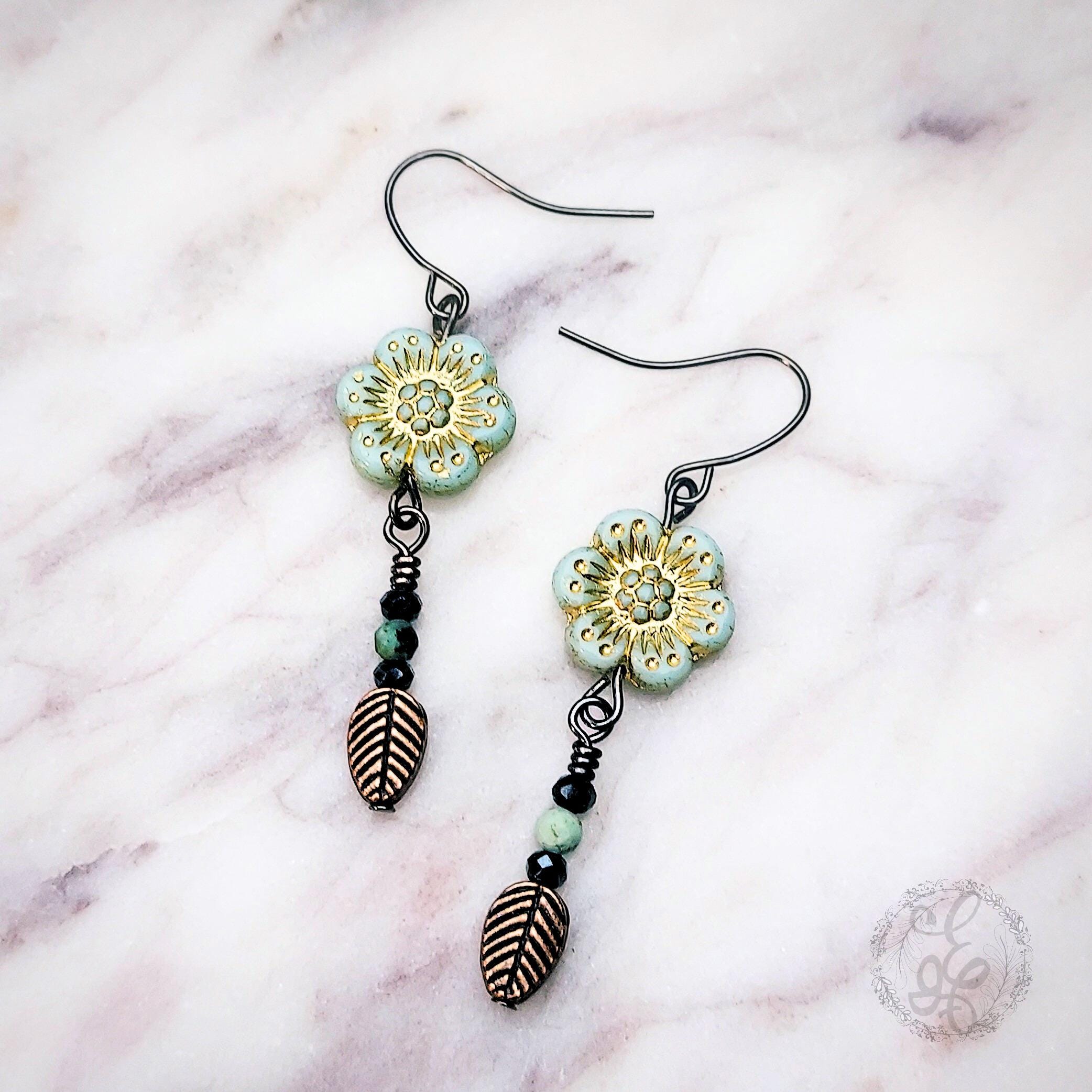 Wild Rose Gunmetal Earrings in Turquoise with Amazonite and Black Crystals: Boho Dangle Earrings for Women and Teens