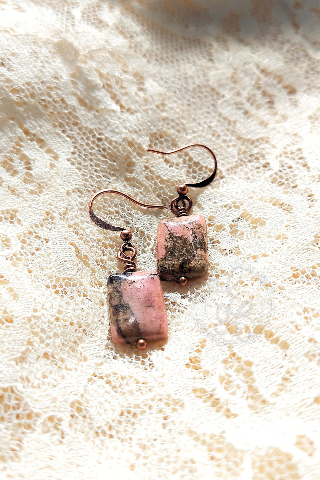 Handcrafted Rhodonite & Antique Copper Earrings – Wire Wrapped Original Design