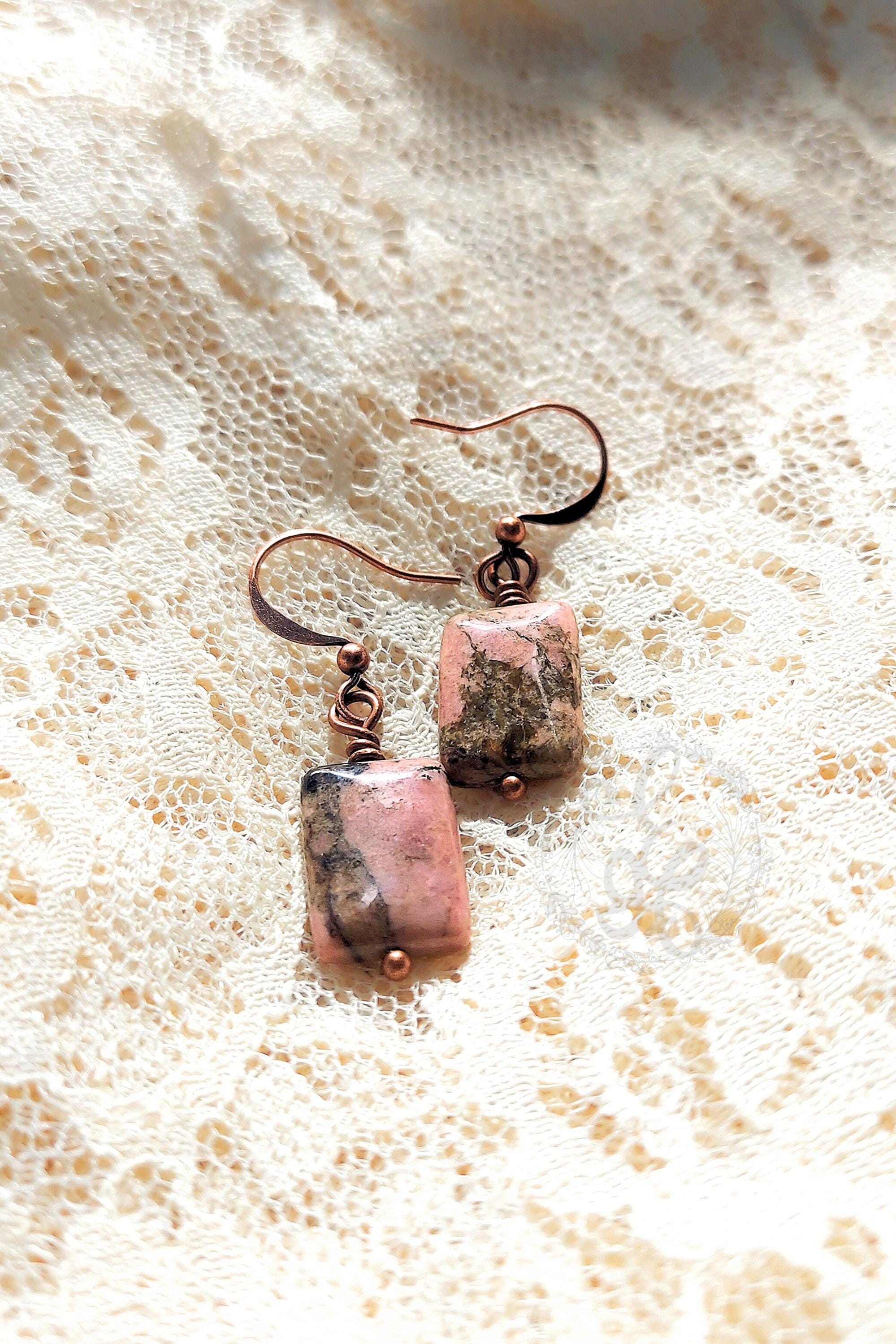 Handcrafted Rhodonite & Antique Copper Earrings – Wire Wrapped Original Design