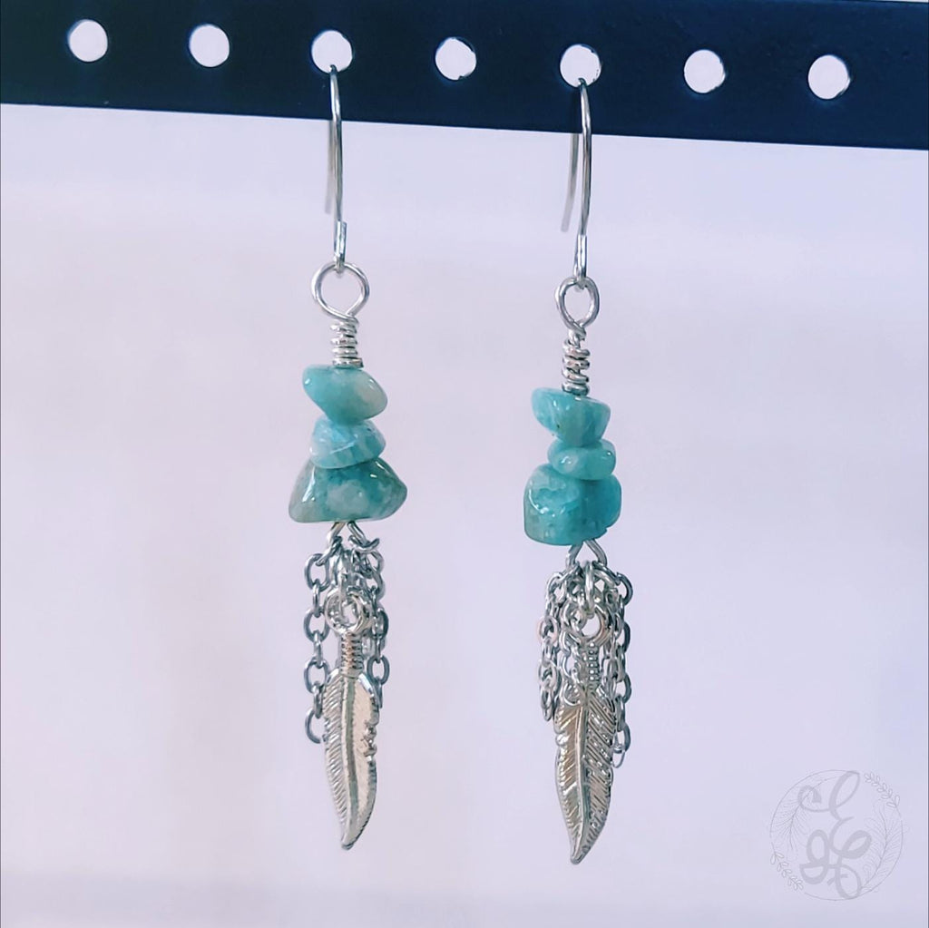 Amazonite Earrings: Silver Feather, Boho Chic Amazonite Dangle Earrings - Handmade Gemstone Jewelry