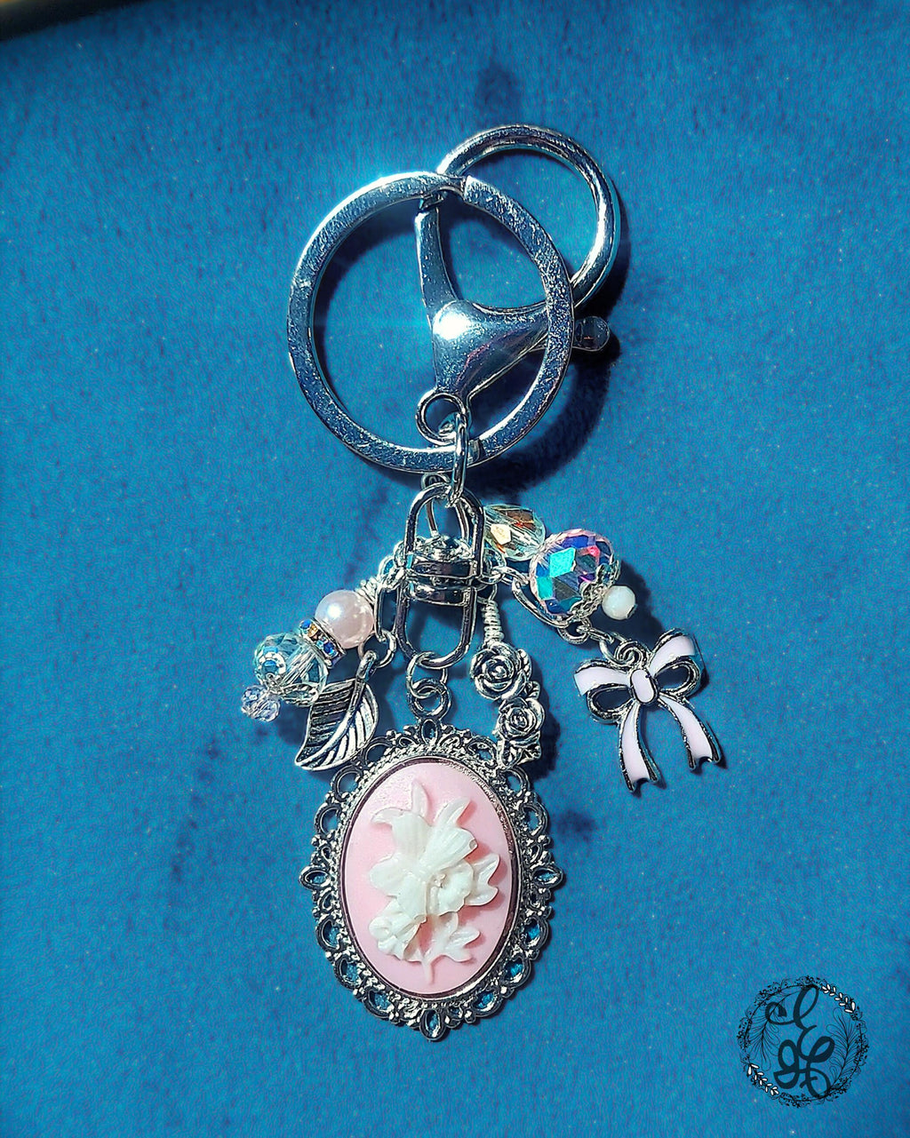 Pink Butterfly Cameo Purse Charm – Wire Wrapped Beads, Rose & Bow Accents