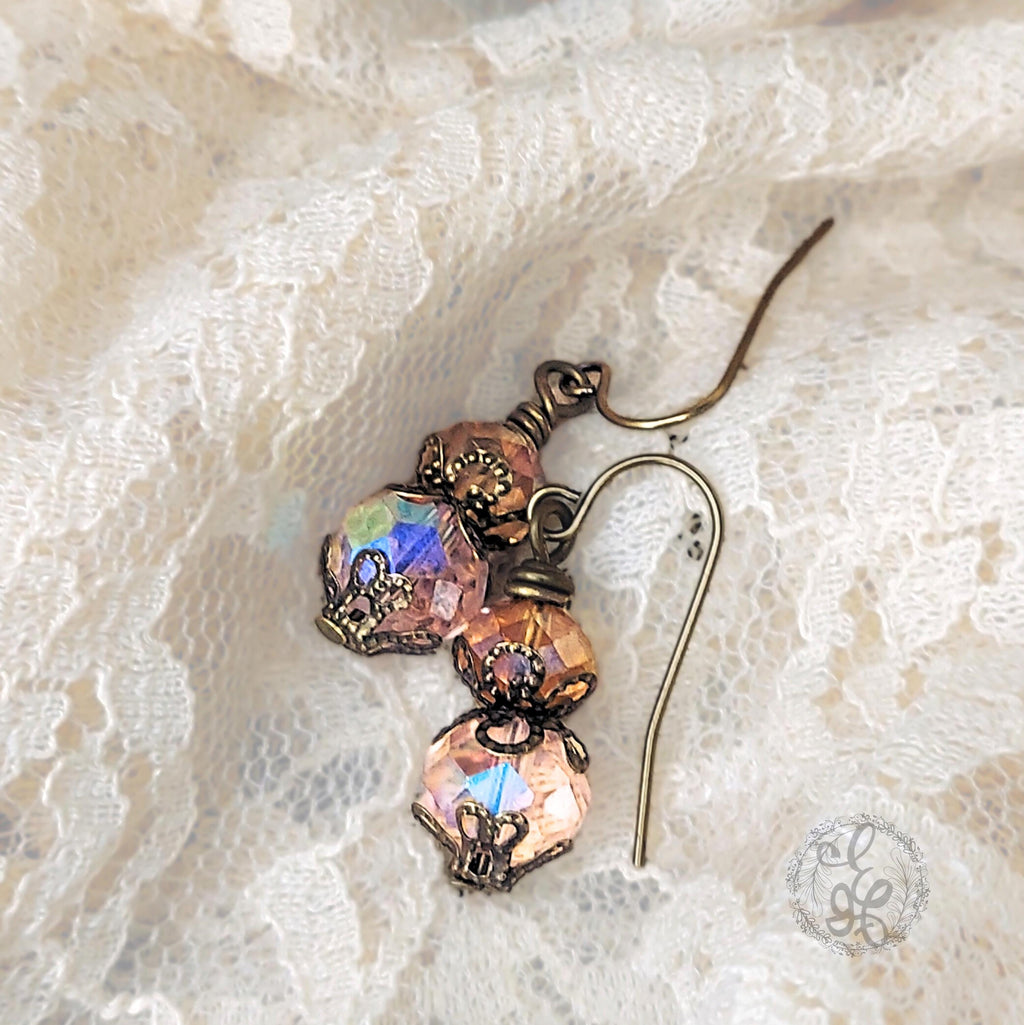 Victorian Style Earrings – Pink and Amber Crystal Dangle Earrings – Antique Bronze