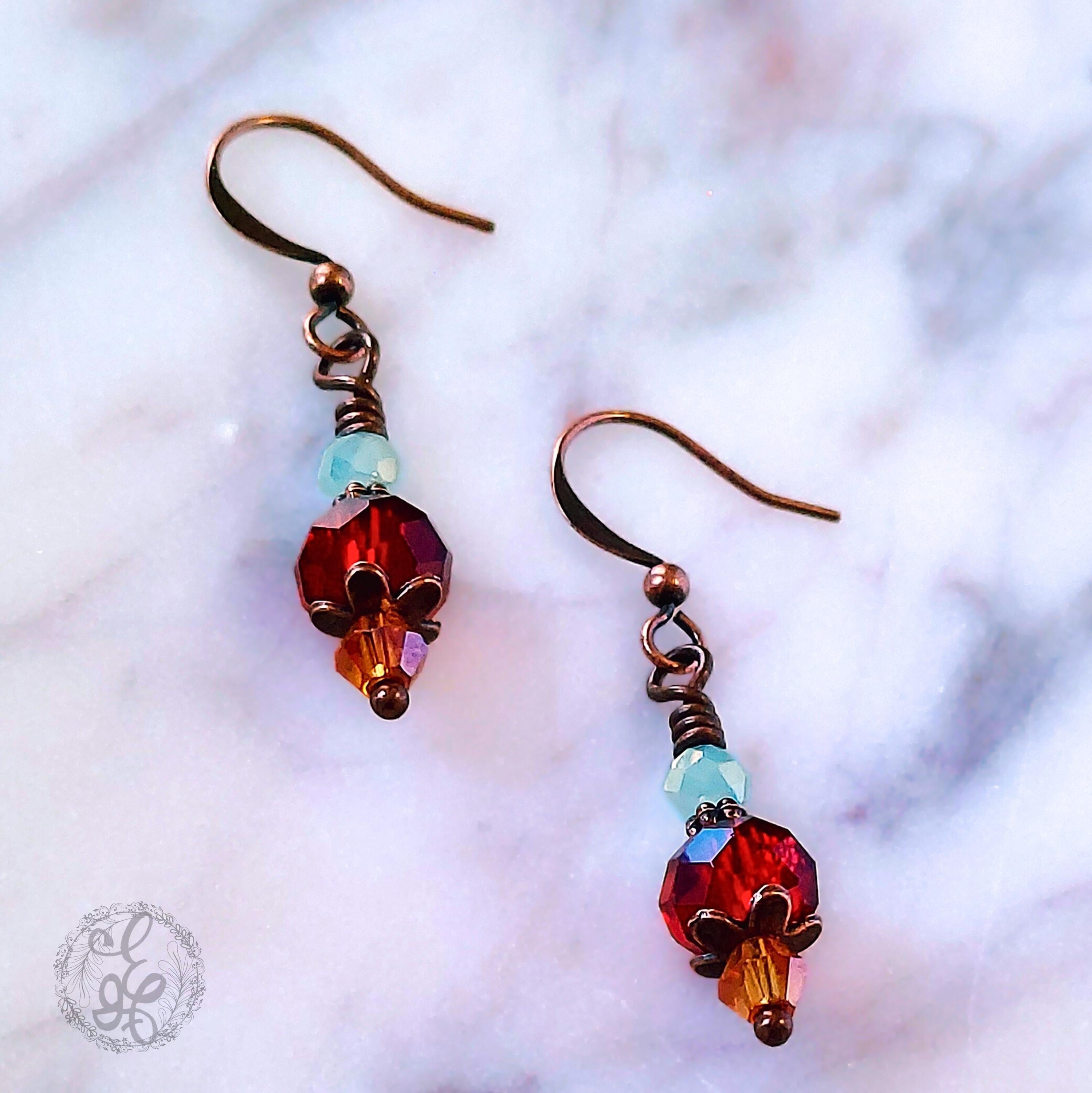 Mediterranean Summer Earrings – Vintage-Inspired Crystal & Copper Dangle Earrings – Artisan Pale Blue and Garnet Red Jewelry Gift