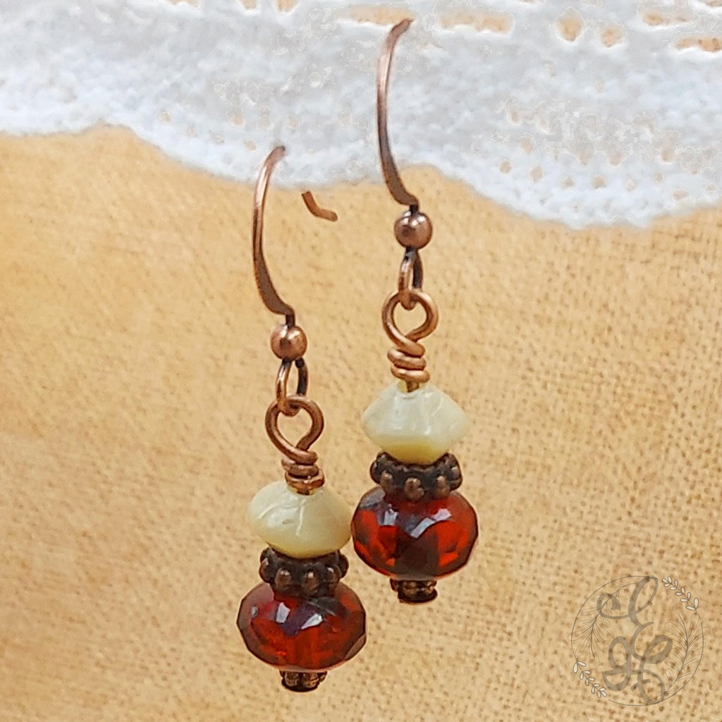 Grenadine Red Dangle Earrings with Antique Copper Finish, Mother's Day Gift for Her