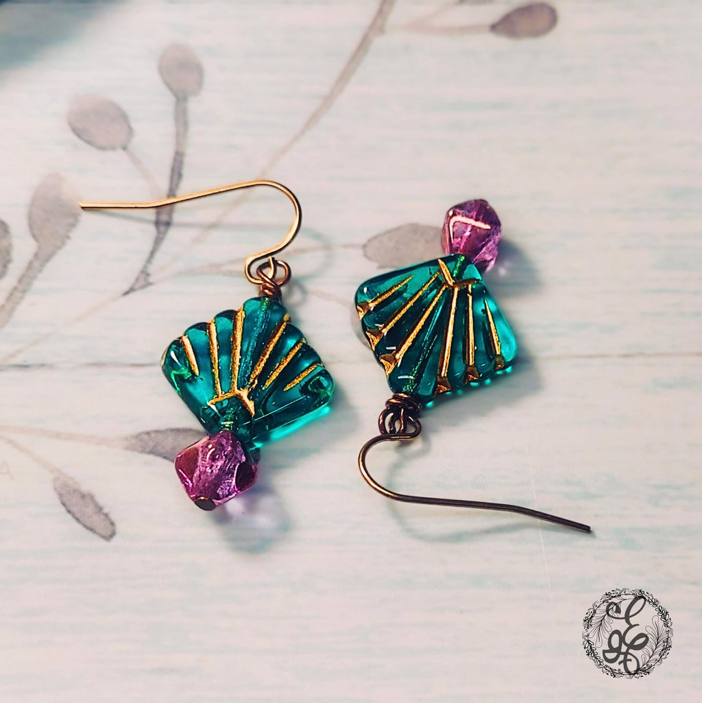 Mermaid Shell Earrings – Teal & Purple Czech Glass Dangle Earrings – Hypoallergenic Brass Hooks – Eidel’s Ideas Original