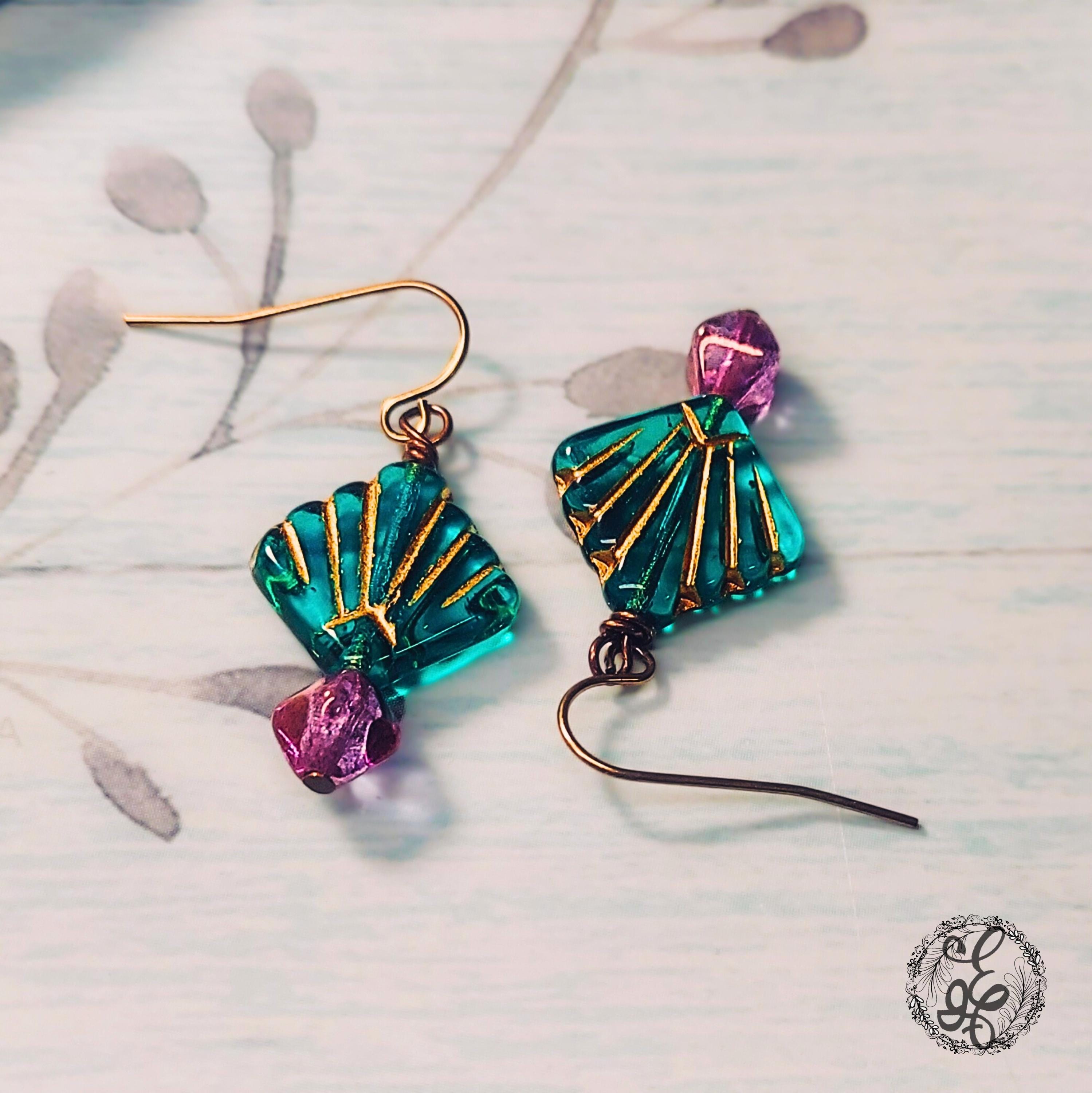 Mermaid Shell Earrings – Teal & Purple Czech Glass Dangle Earrings – Hypoallergenic Brass Hooks – Eidel’s Ideas Original