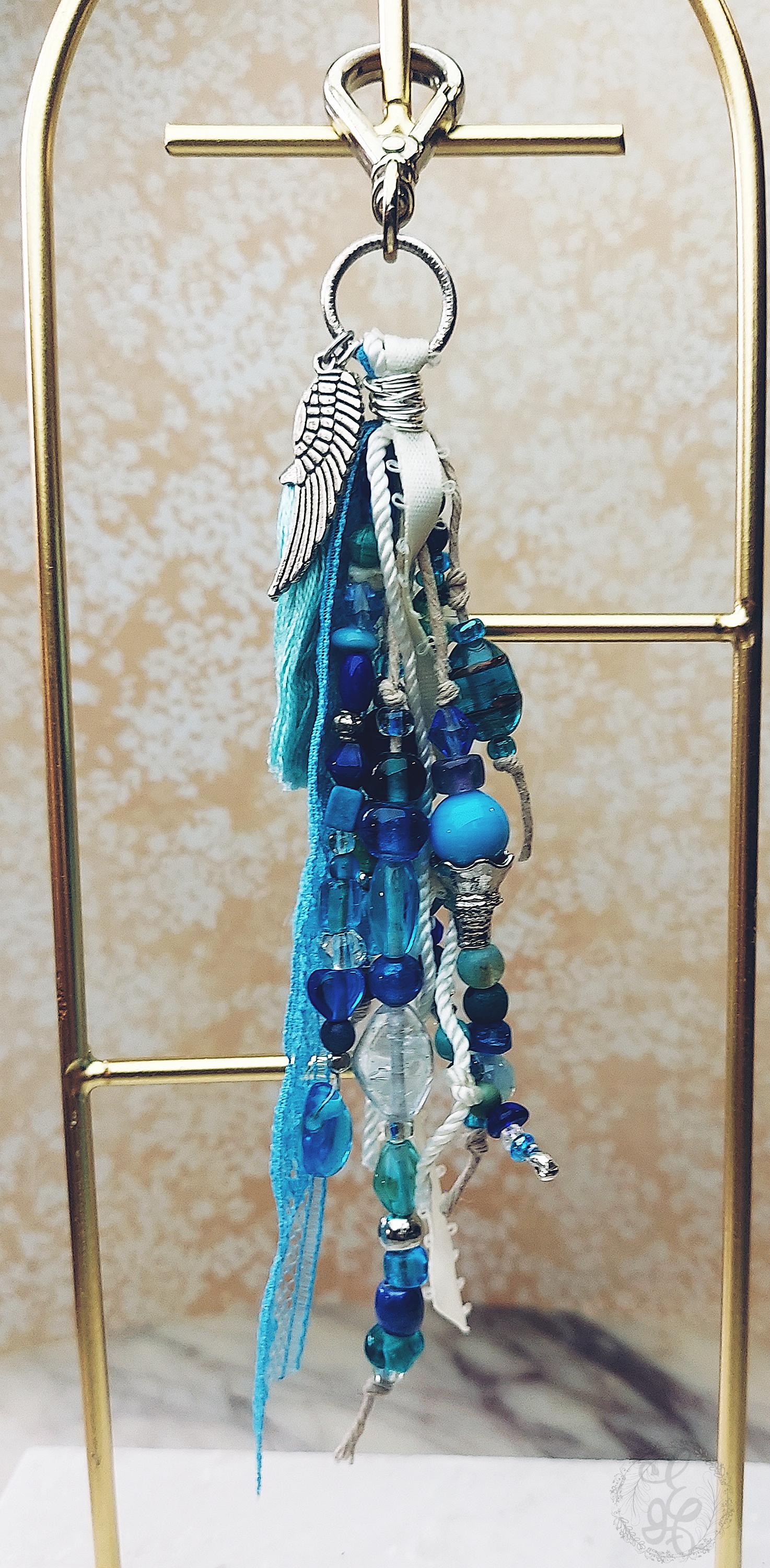 Handcrafted Blue Tassel Purse Charm | One of a Kind Boho Keychain with Lampwork Glass Beads