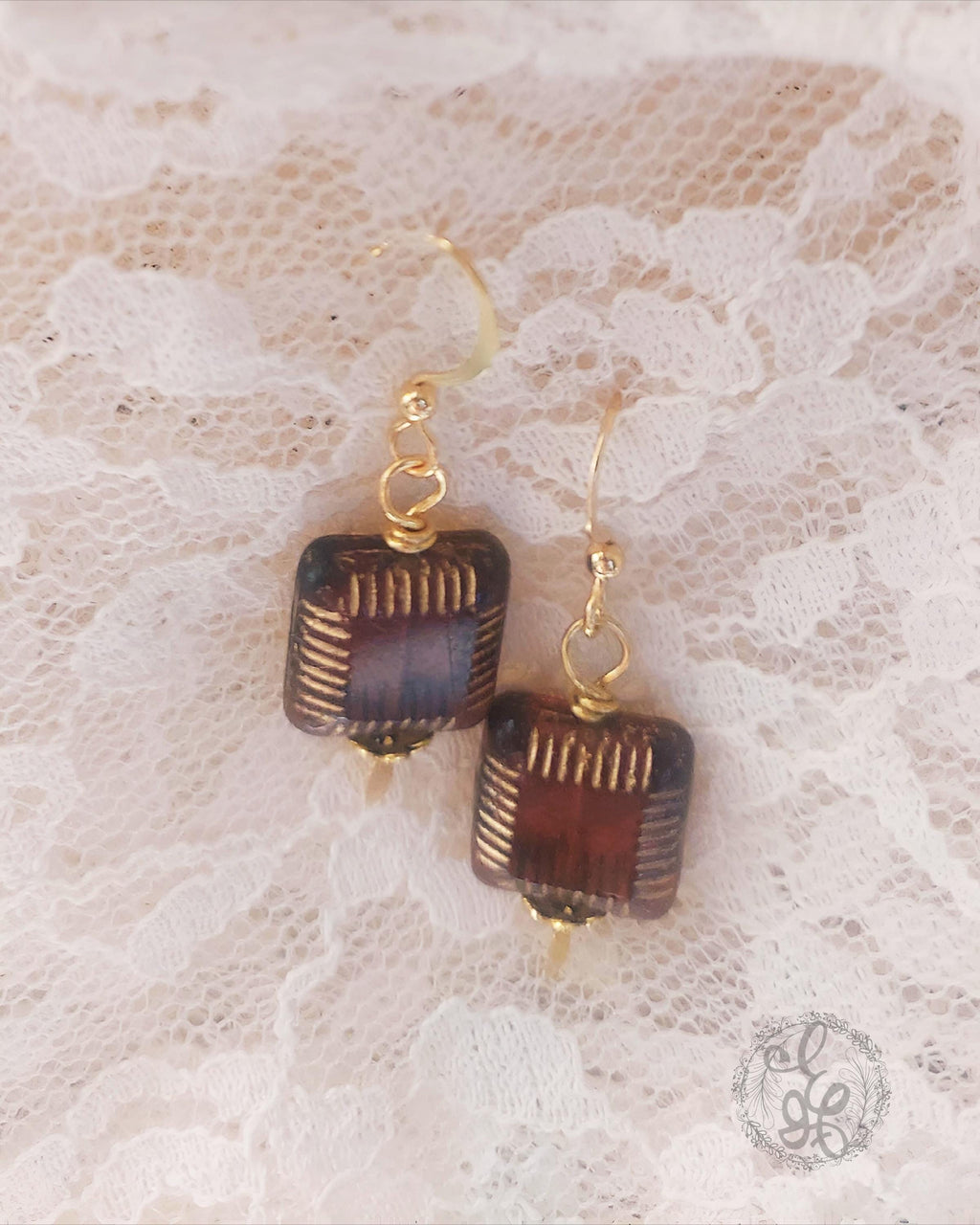 Brown Czech Glass Earrings in Gold