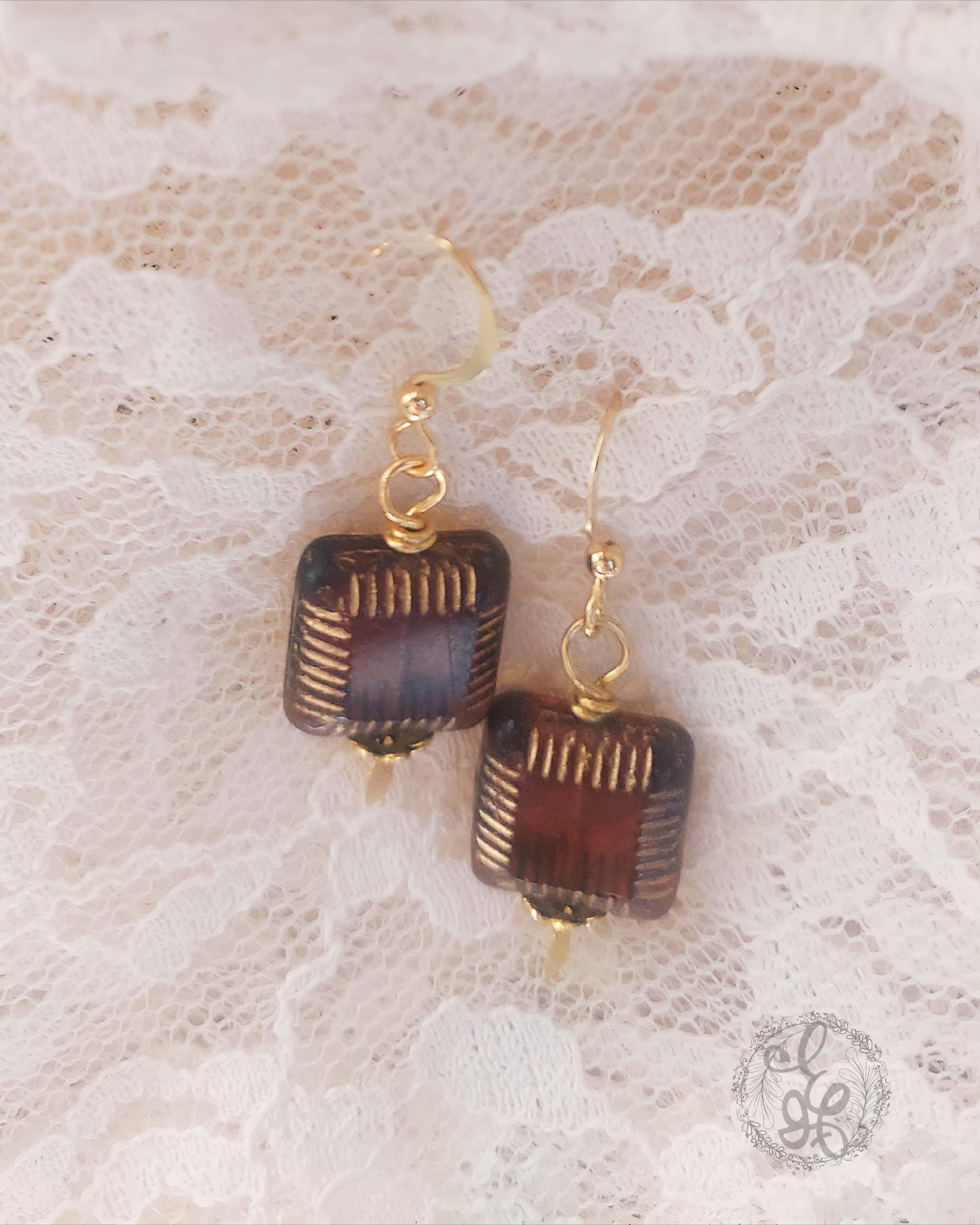 Brown Czech Glass Earrings in Gold