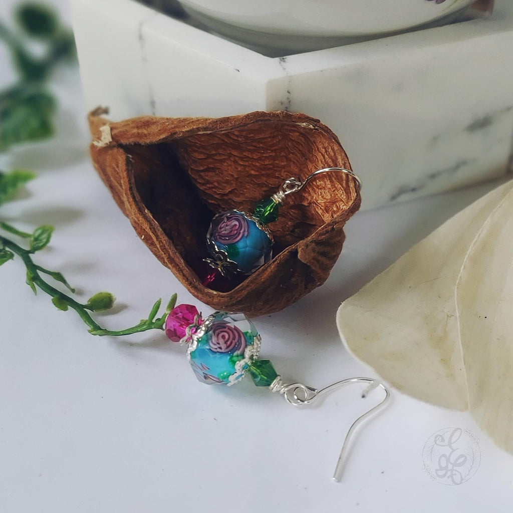 Rose Dangle Drop Earrings, blue pink and green danity earrings