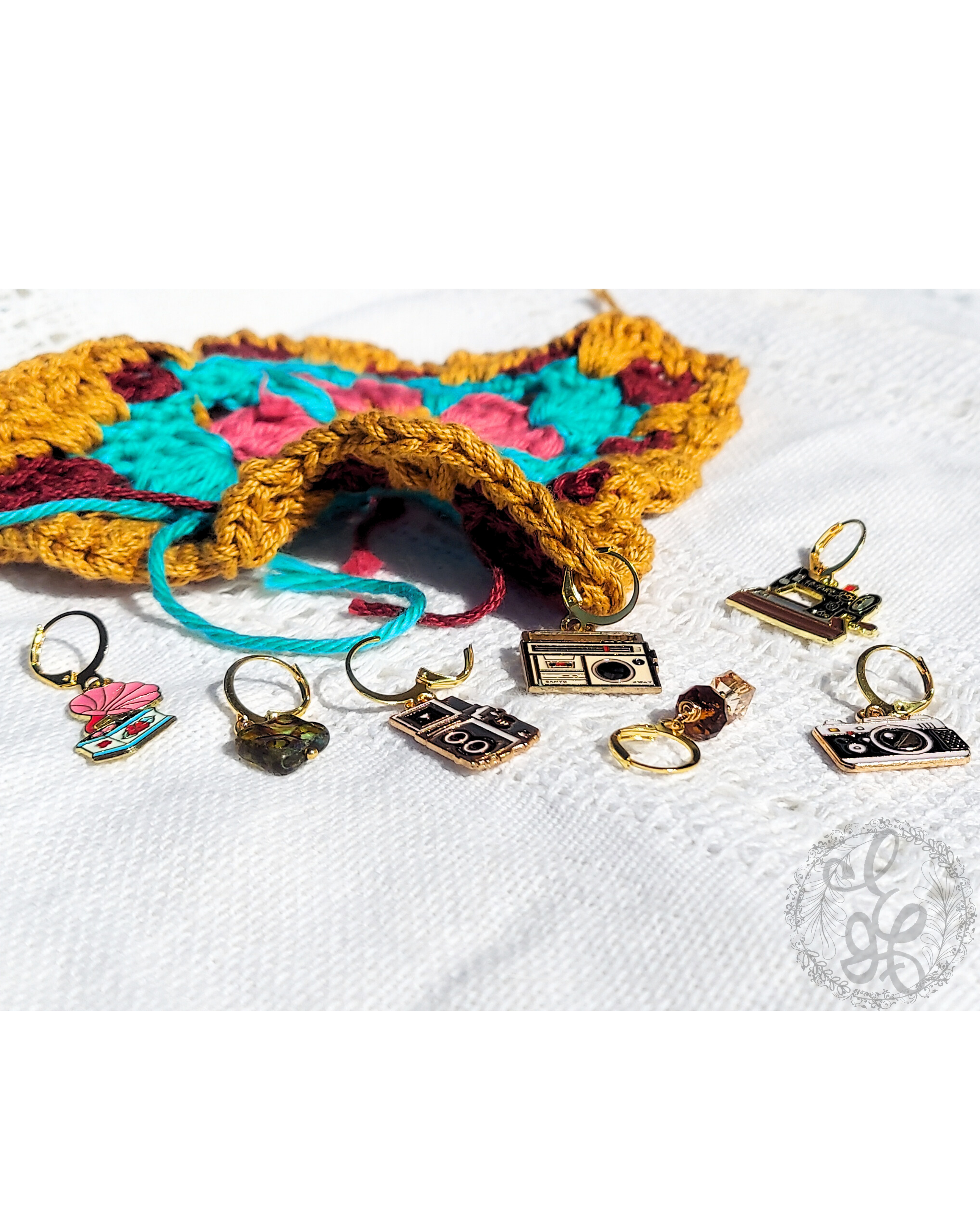 Crochet Stitch Markers, Retro Set of 7 | Leverback Locking Stitch Markers | Charm Progress Keepers | Crochet Gift, Crochet Jewelry
