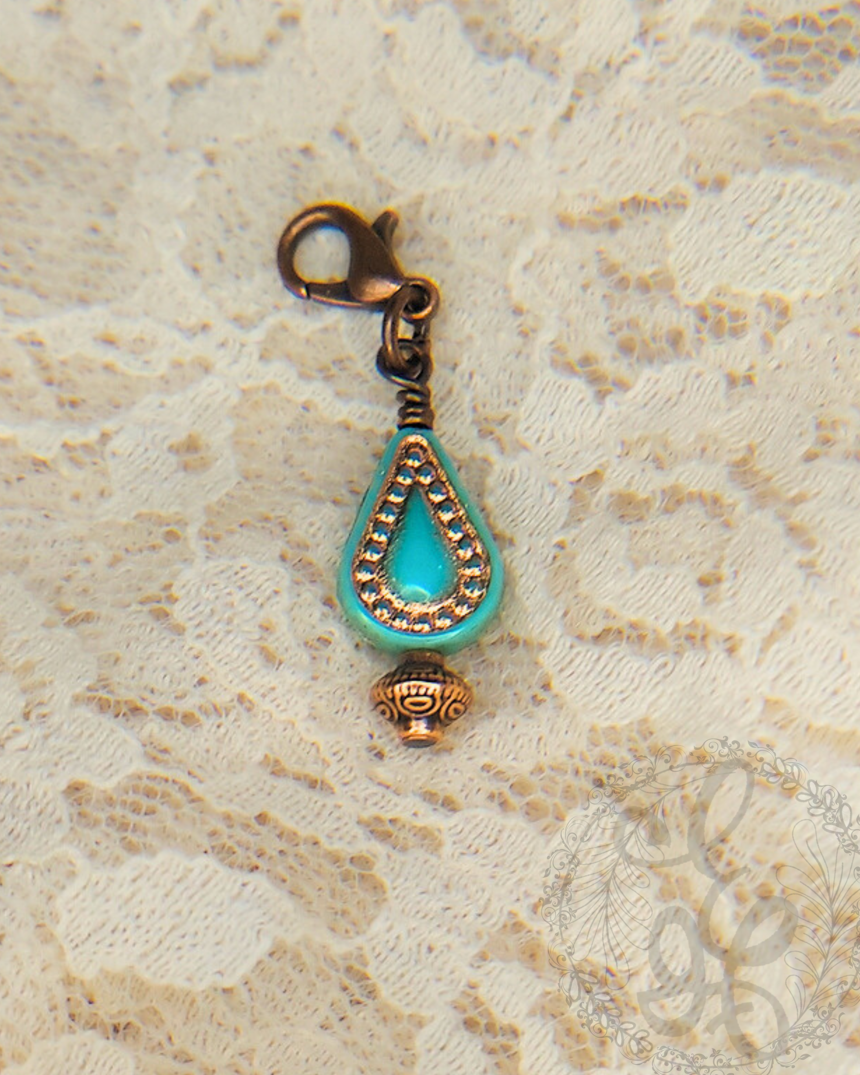 Turquoise Teardrop Charm with Clasp in Antique Copper for Planners, Zipper Pulls, Charm Bracelets, Journals, Notebooks, Purse, bag and more