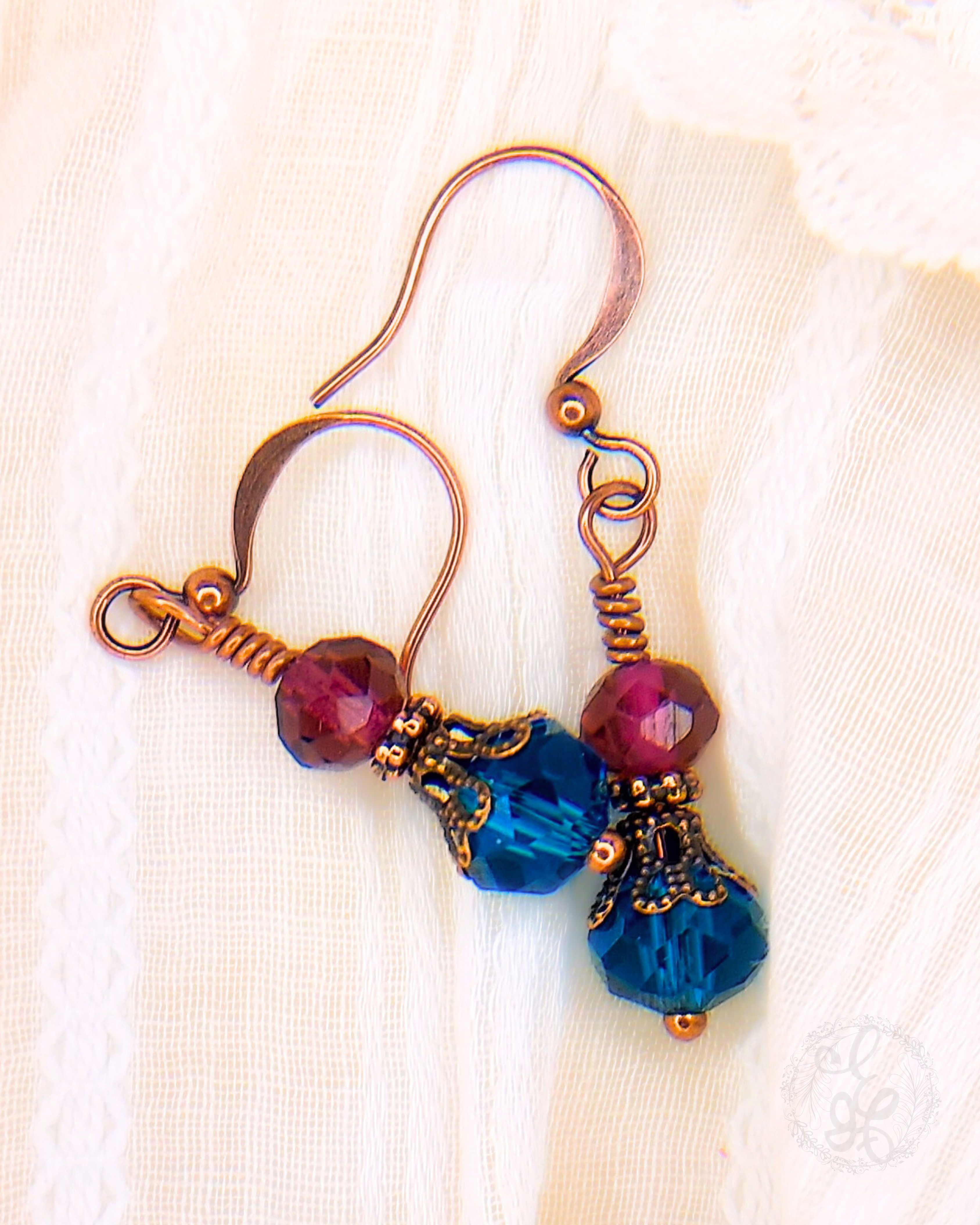 Crystal Dangle Earrings in Plum Purple and Peacock Blue with Antique Copper, Vintage Inspired