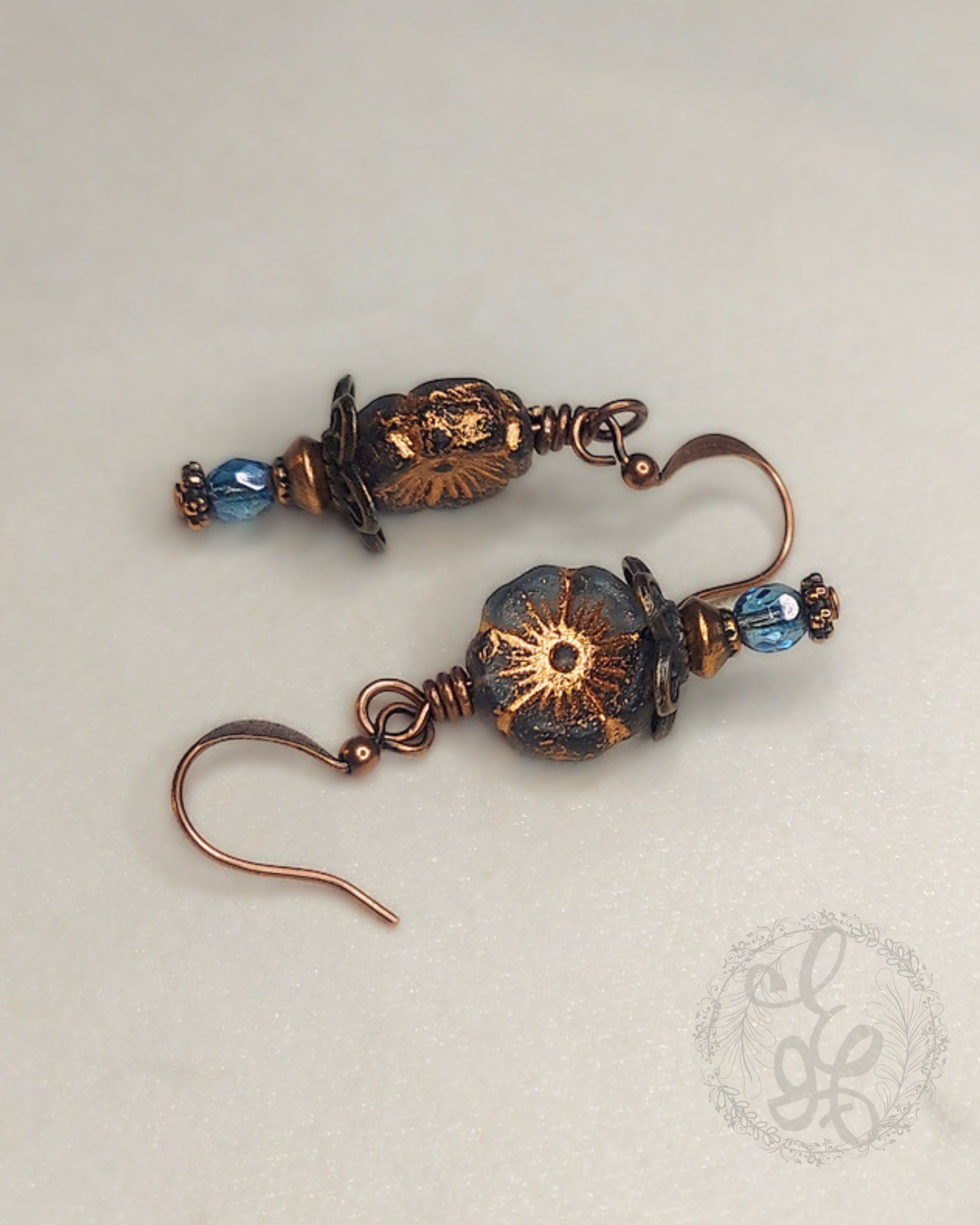 Montana Blue Hibiscus Earrings, Czech Glass Floral Jewelry, Antique Copper Dangle Earrings, Vintage Inspired Heirloom Style Gift for Her