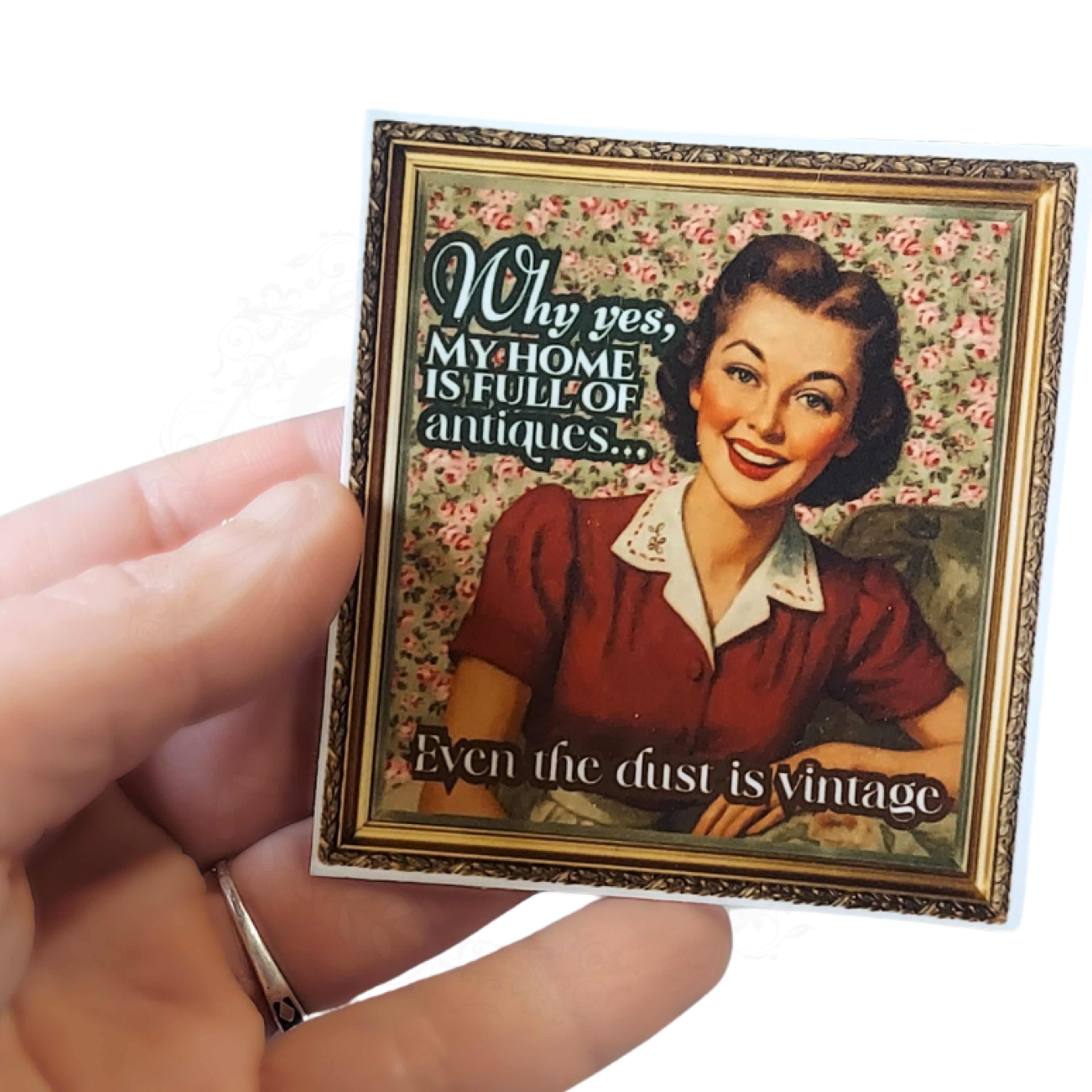 Funny Antique Lover Sticker – “My Home Is Full of Antiques… Even the Dust Is Vintage” – Retro Homemaker Vinyl Sticker – Vintage Style 3x3 Decal