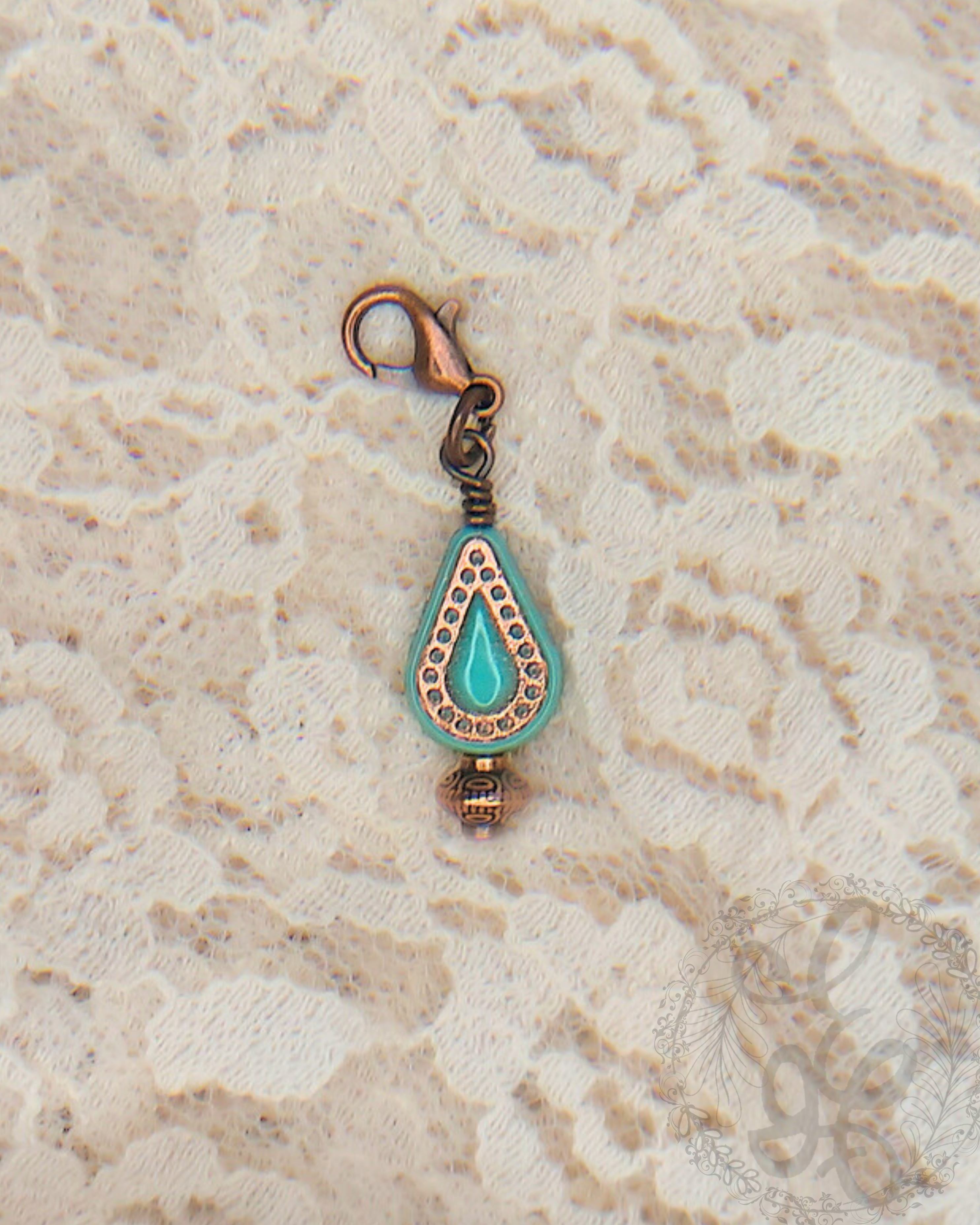 Turquoise Teardrop Charm with Clasp in Antique Copper for Planners, Zipper Pulls, Charm Bracelets, Journals, Notebooks, Purse, bag and more