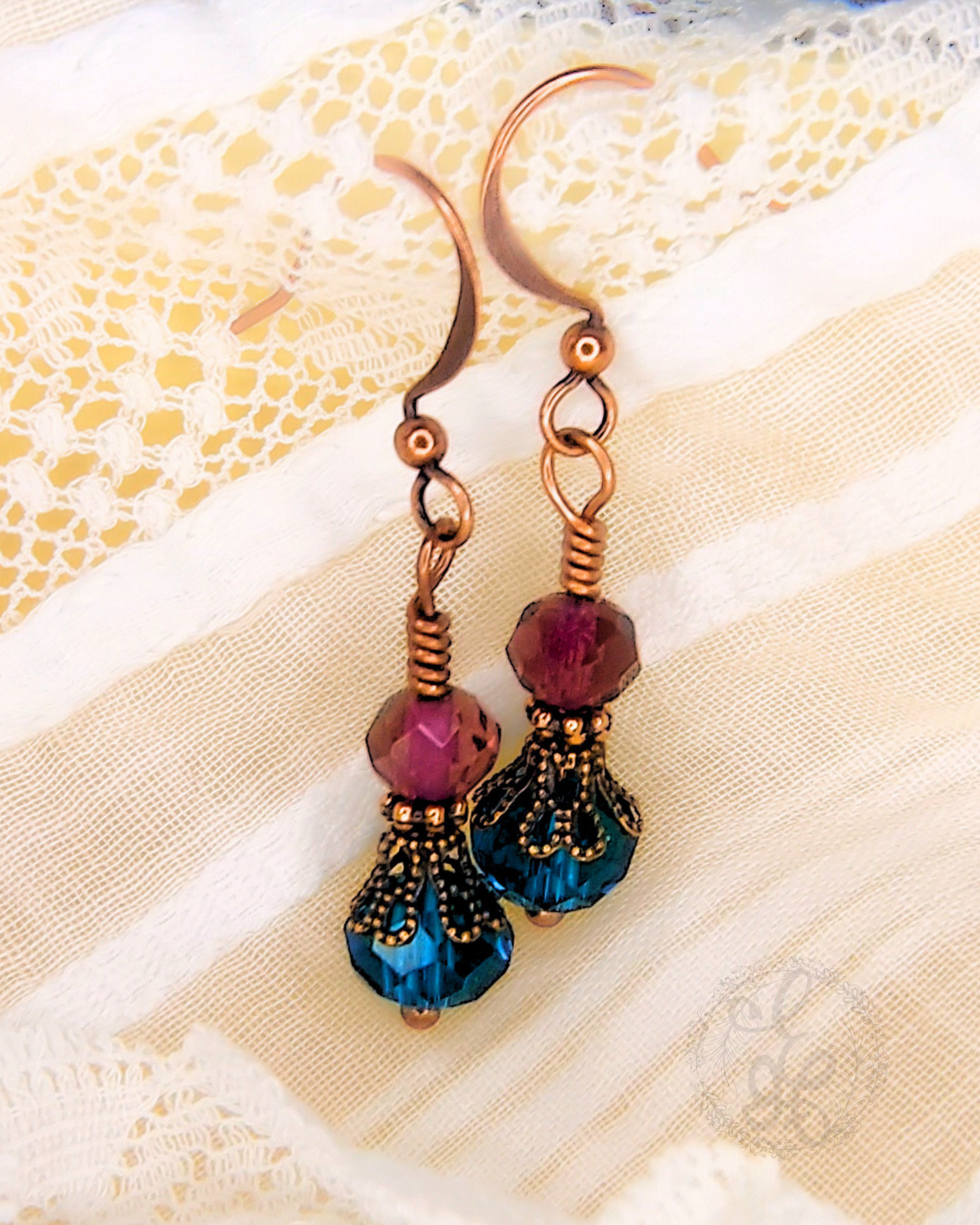 Crystal Dangle Earrings in Plum Purple and Peacock Blue with Antique Copper, Vintage Inspired