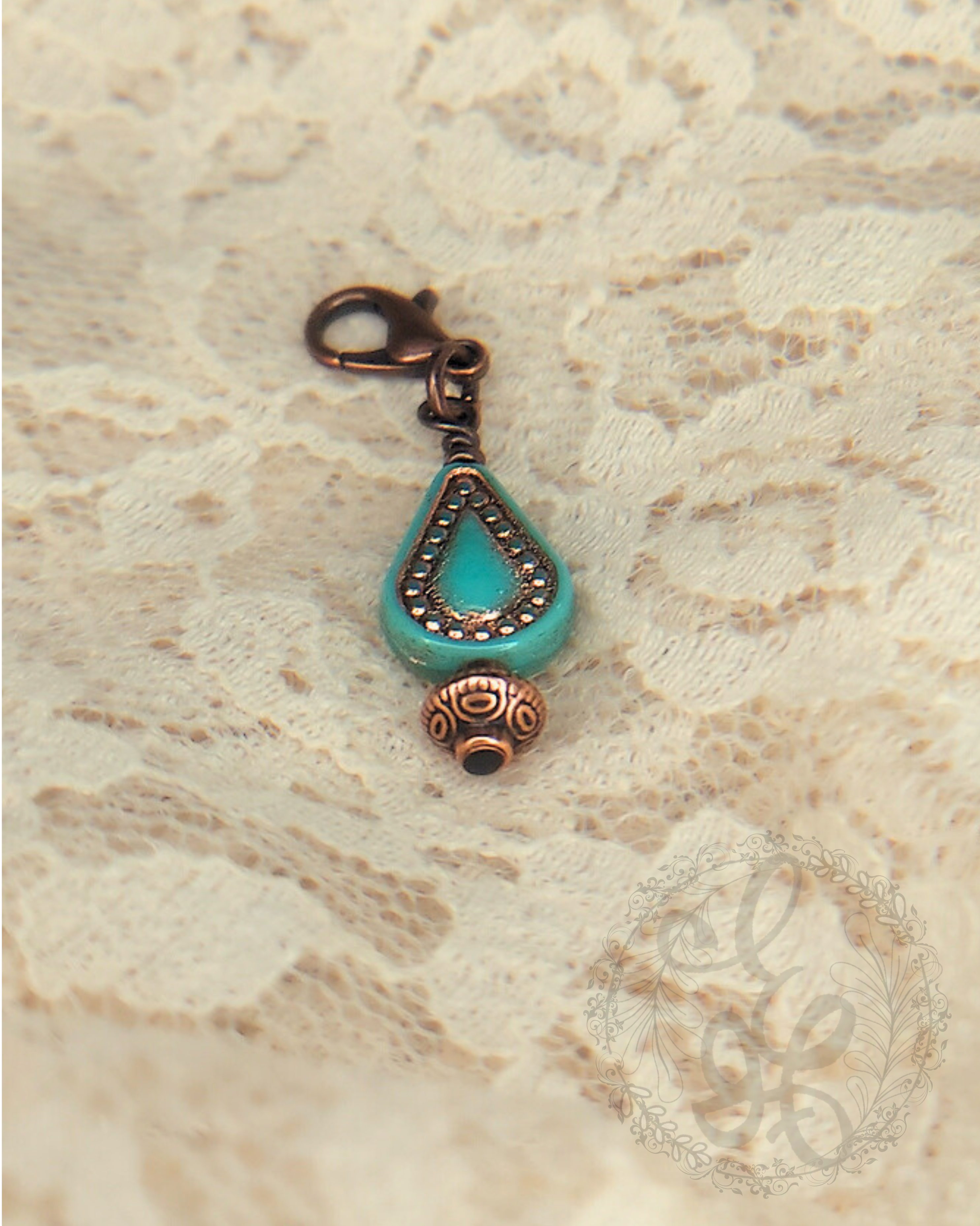Turquoise Teardrop Charm with Clasp in Antique Copper for Planners, Zipper Pulls, Charm Bracelets, Journals, Notebooks, Purse, bag and more
