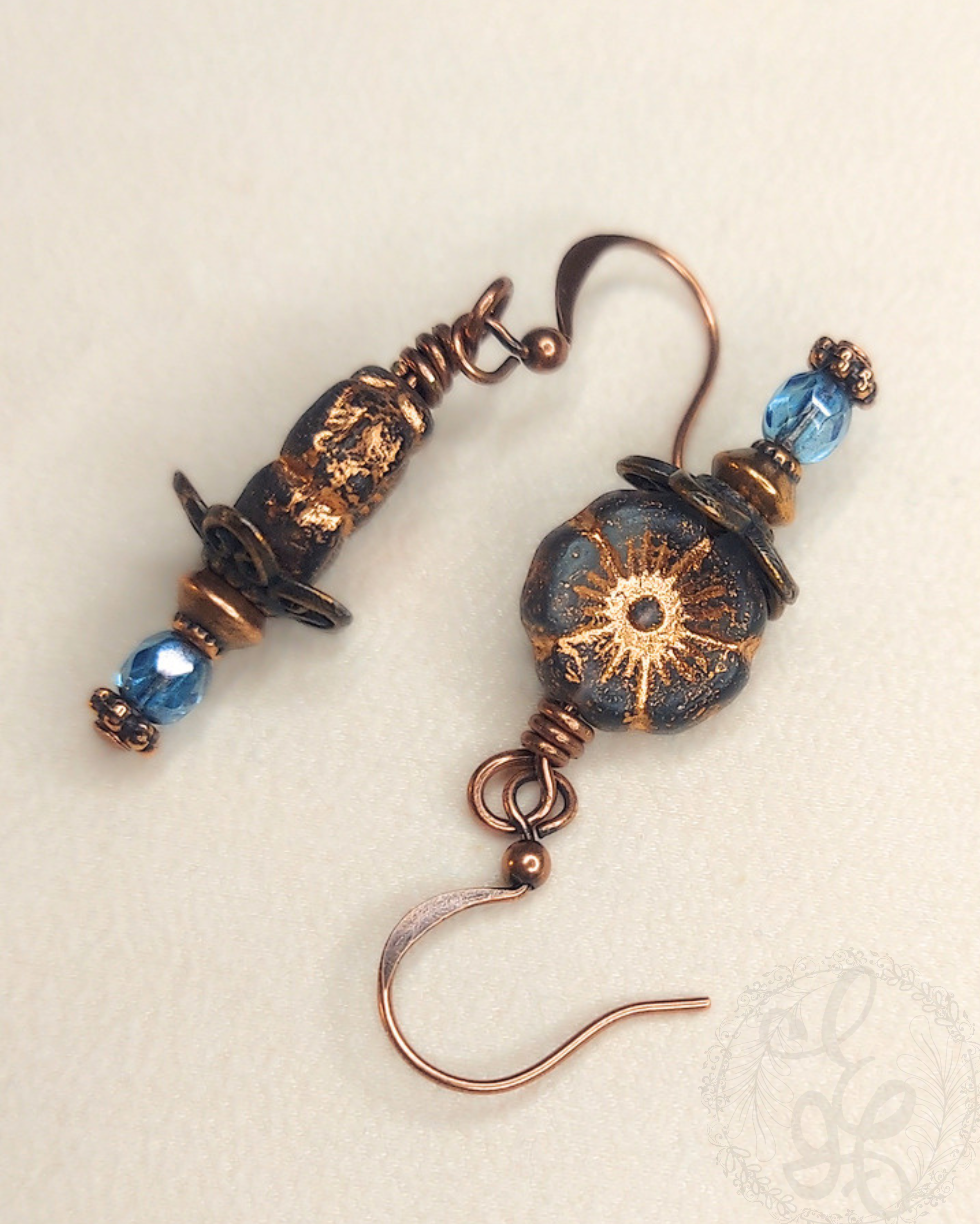 Montana Blue Hibiscus Earrings, Czech Glass Floral Jewelry, Antique Copper Dangle Earrings, Vintage Inspired Heirloom Style Gift for Her