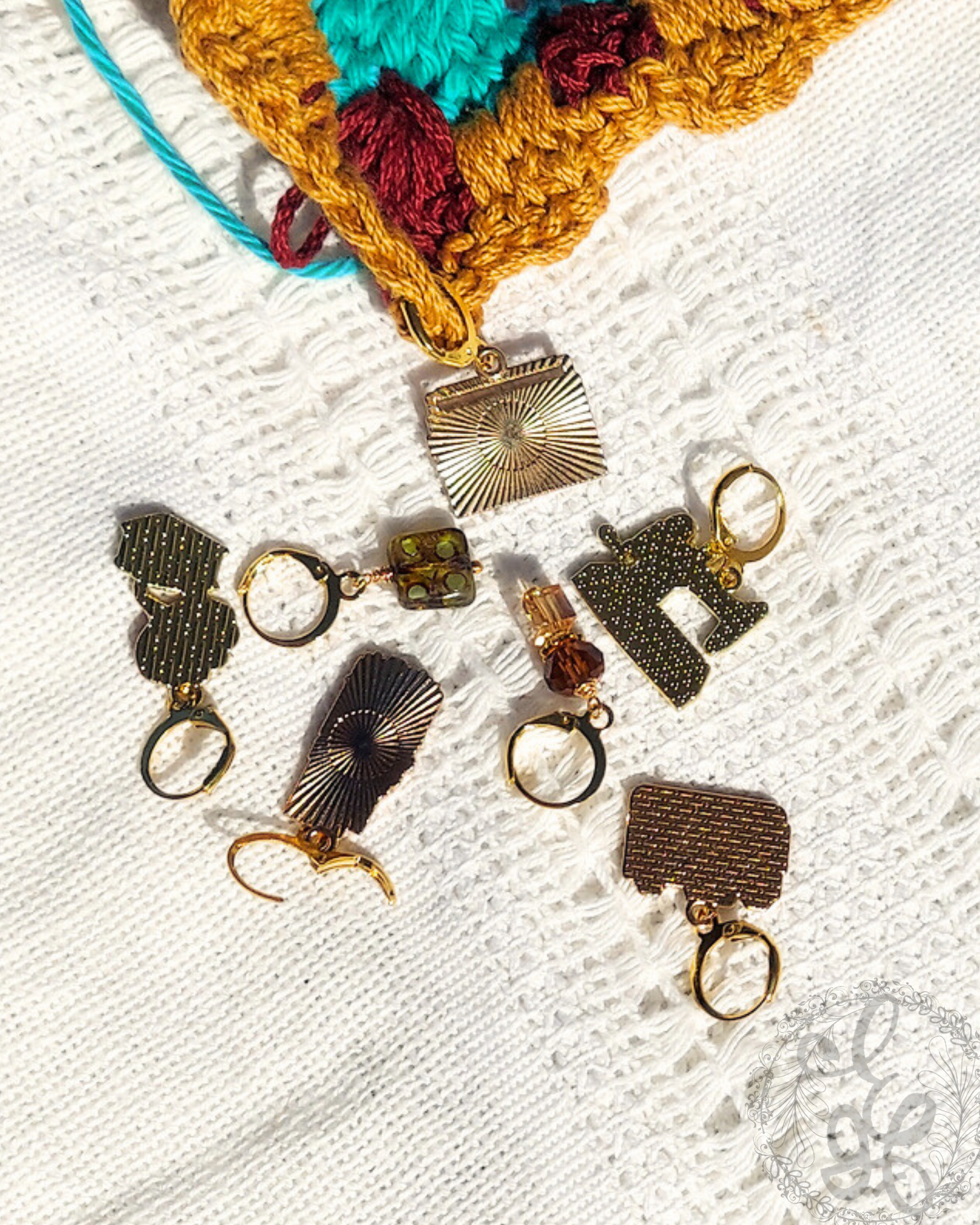 Crochet Stitch Markers, Retro Set of 7 | Leverback Locking Stitch Markers | Charm Progress Keepers | Crochet Gift, Crochet Jewelry