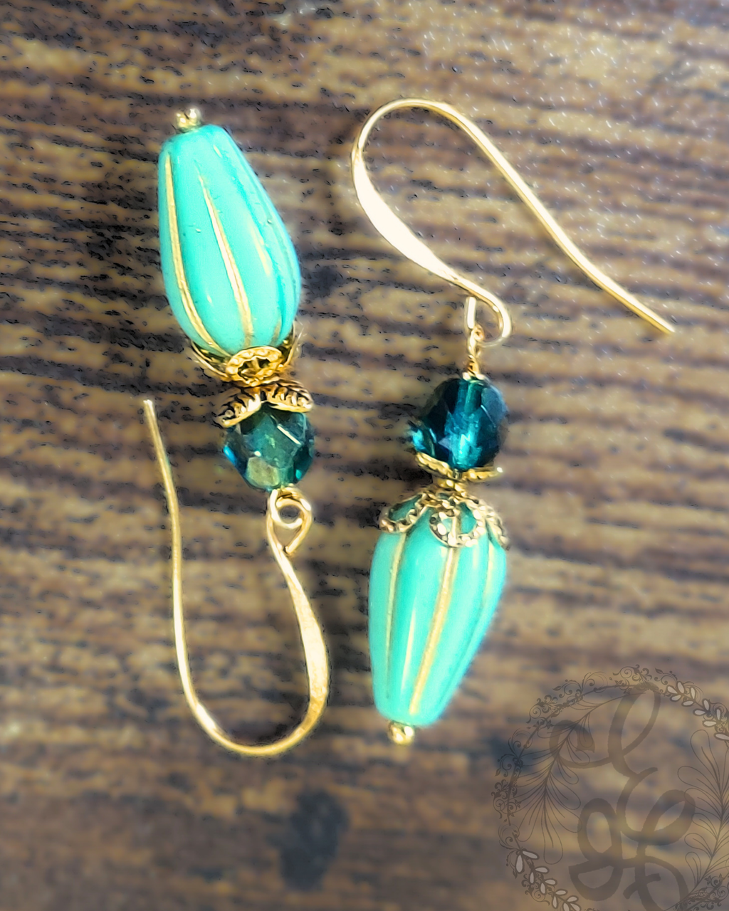 Vintage-Inspired Turquoise Czech Glass Drop Earrings with Gold Accents