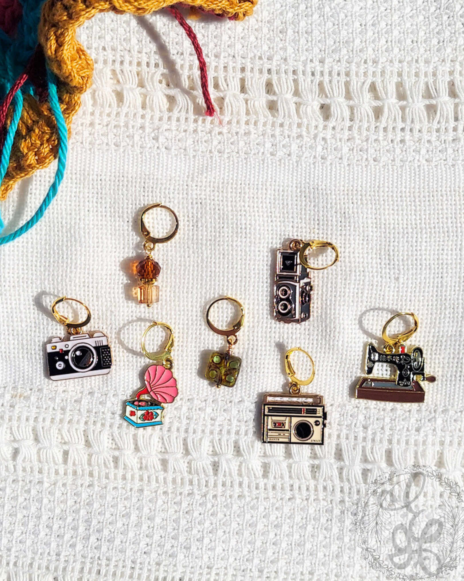 Crochet Stitch Markers, Retro Set of 7 | Leverback Locking Stitch Markers | Charm Progress Keepers | Crochet Gift, Crochet Jewelry