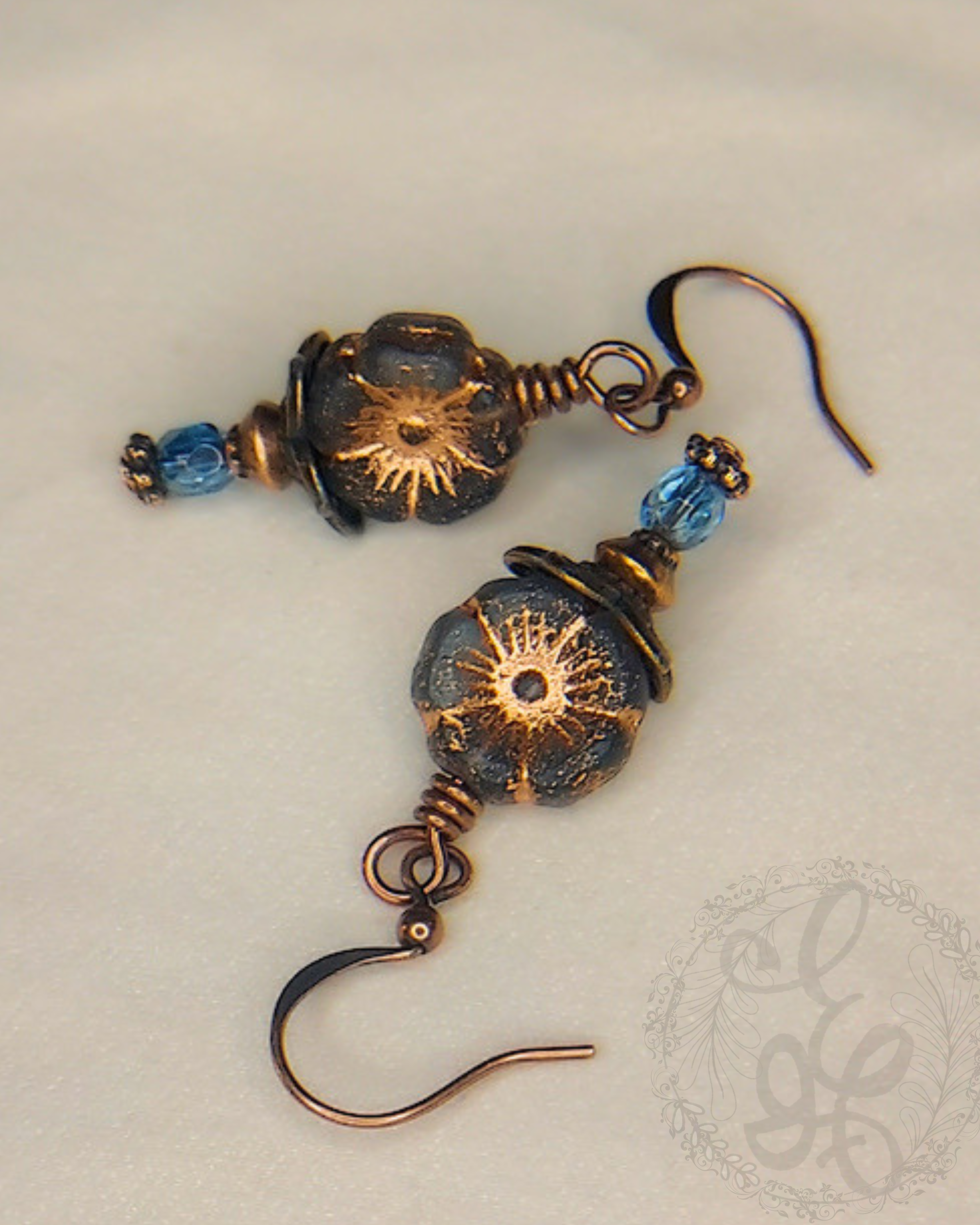 Montana Blue Hibiscus Earrings, Czech Glass Floral Jewelry, Antique Copper Dangle Earrings, Vintage Inspired Heirloom Style Gift for Her