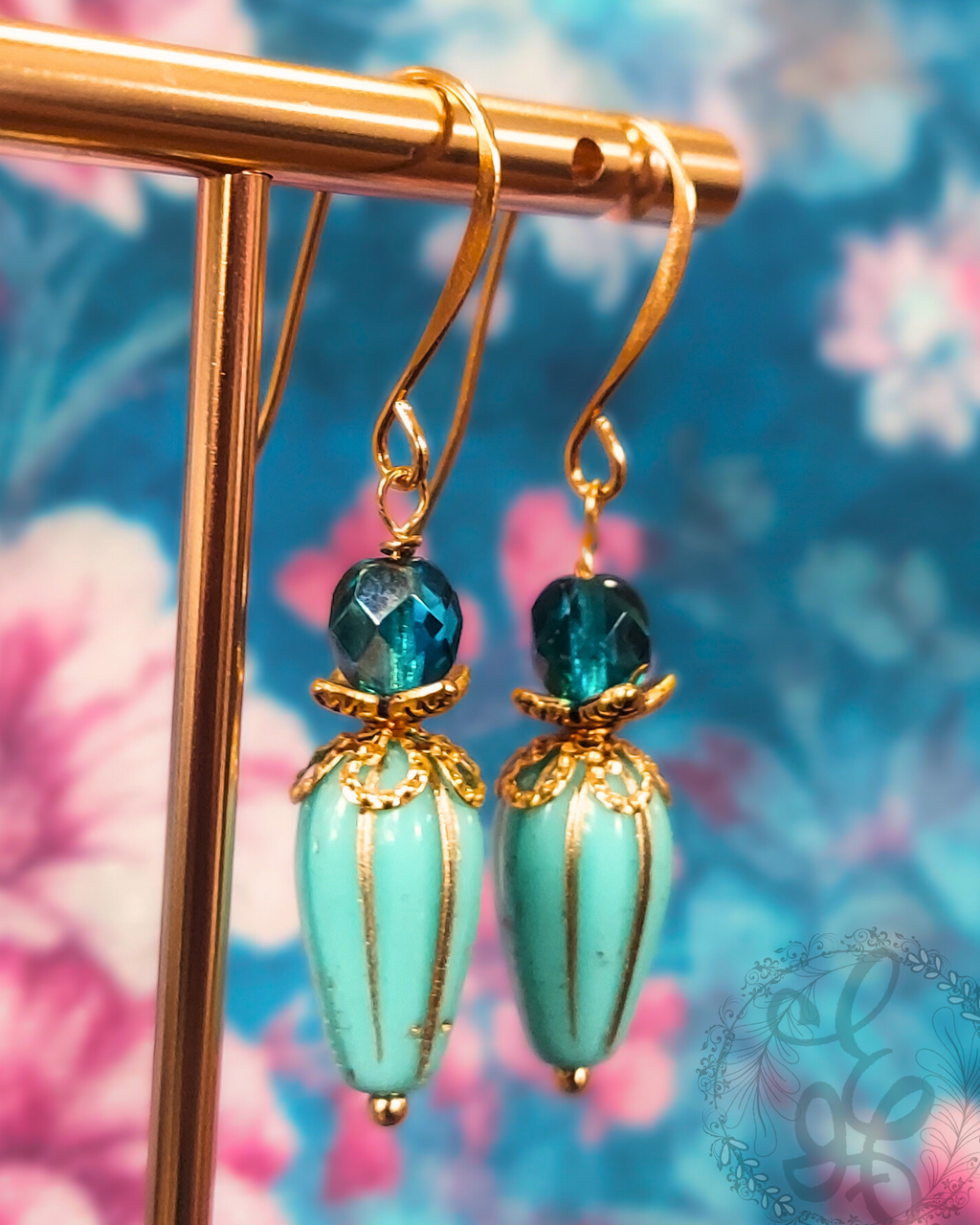Vintage-Inspired Turquoise Czech Glass Drop Earrings with Gold Accents