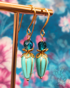 Vintage-Inspired Turquoise Czech Glass Drop Earrings with Gold Accents