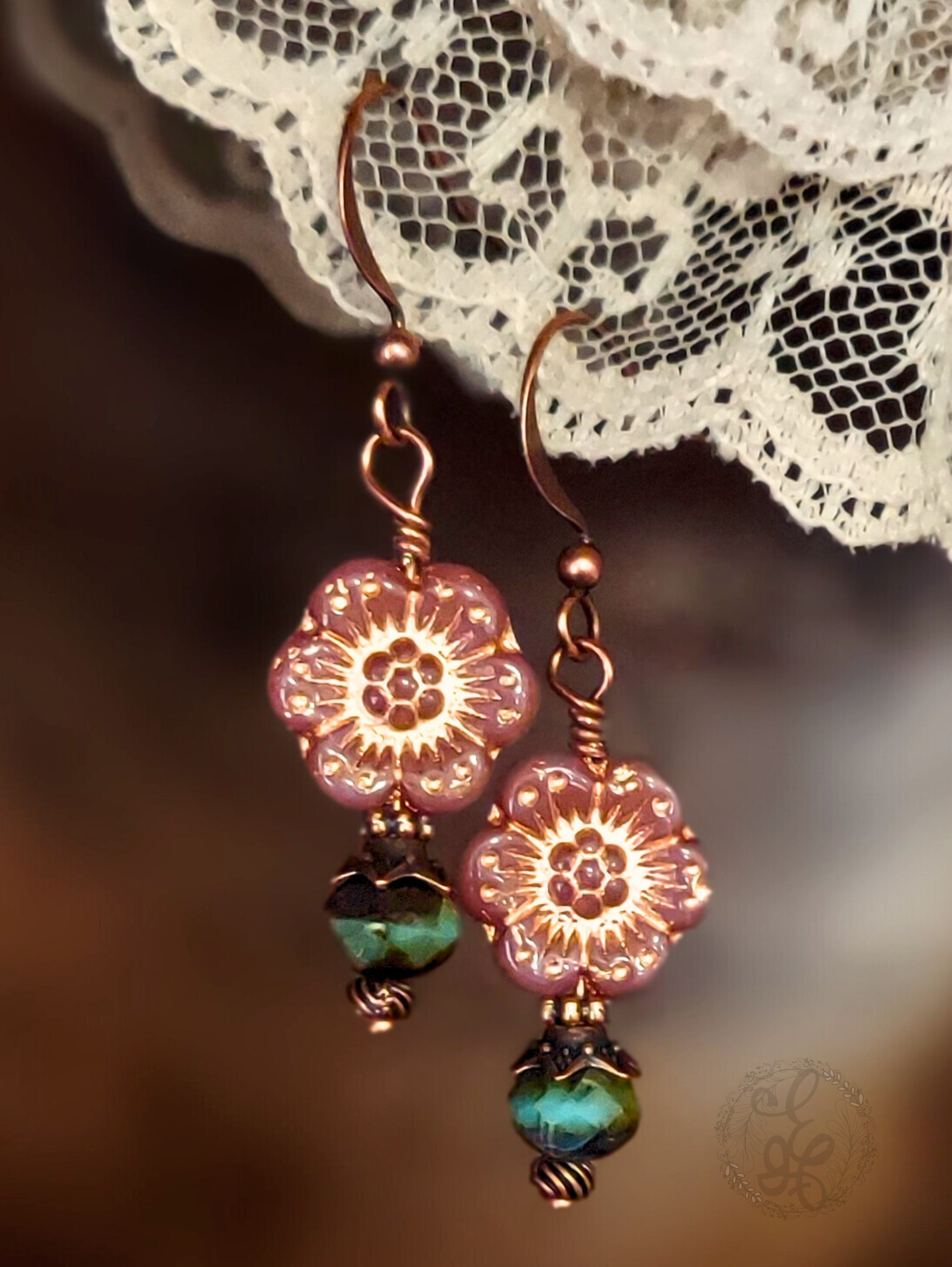 Vintage-Inspired Floral Rose Czech Glass Earrings – Antique Copper Dangle Earrings