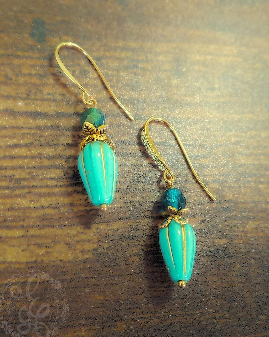 Vintage-Inspired Turquoise Czech Glass Drop Earrings with Gold Accents