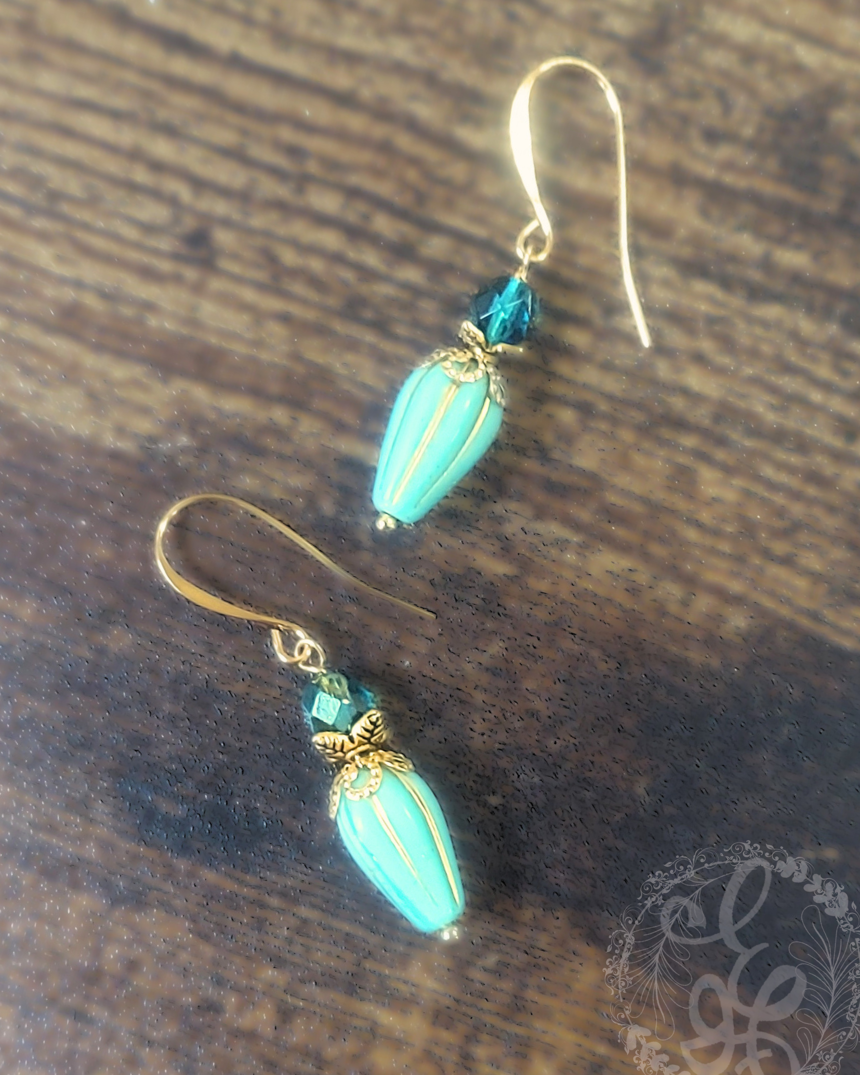 Vintage-Inspired Turquoise Czech Glass Drop Earrings with Gold Accents