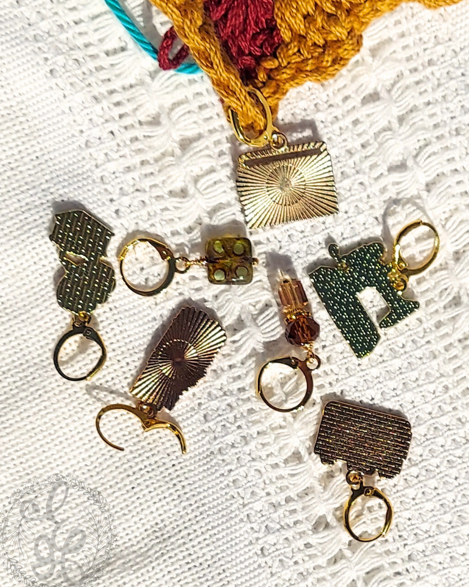 Crochet Stitch Markers, Retro Set of 7 | Leverback Locking Stitch Markers | Charm Progress Keepers | Crochet Gift, Crochet Jewelry