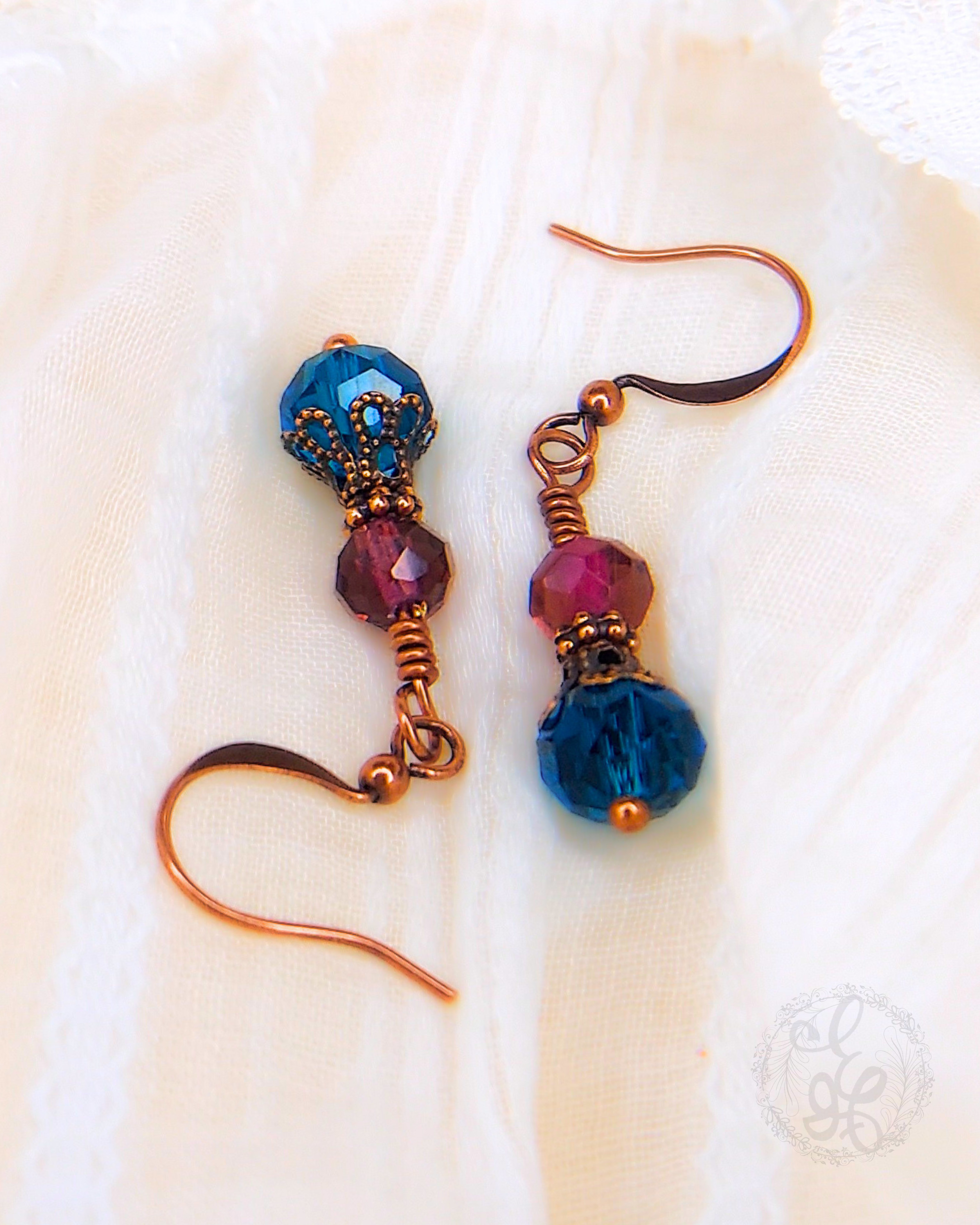 Crystal Dangle Earrings in Plum Purple and Peacock Blue with Antique Copper, Vintage Inspired