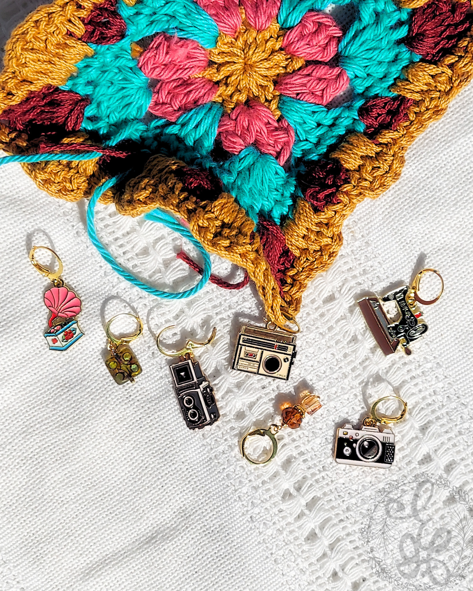 Crochet Stitch Markers, Retro Set of 7 | Leverback Locking Stitch Markers | Charm Progress Keepers | Crochet Gift, Crochet Jewelry