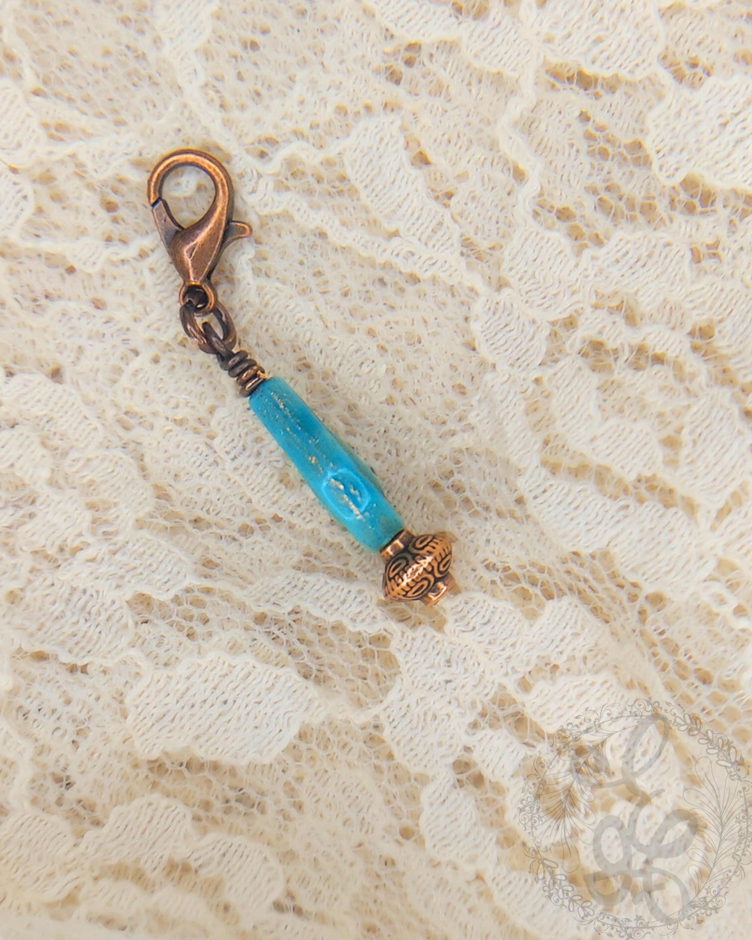 Turquoise Teardrop Charm with Clasp in Antique Copper for Planners, Zipper Pulls, Charm Bracelets, Journals, Notebooks, Purse, bag and more
