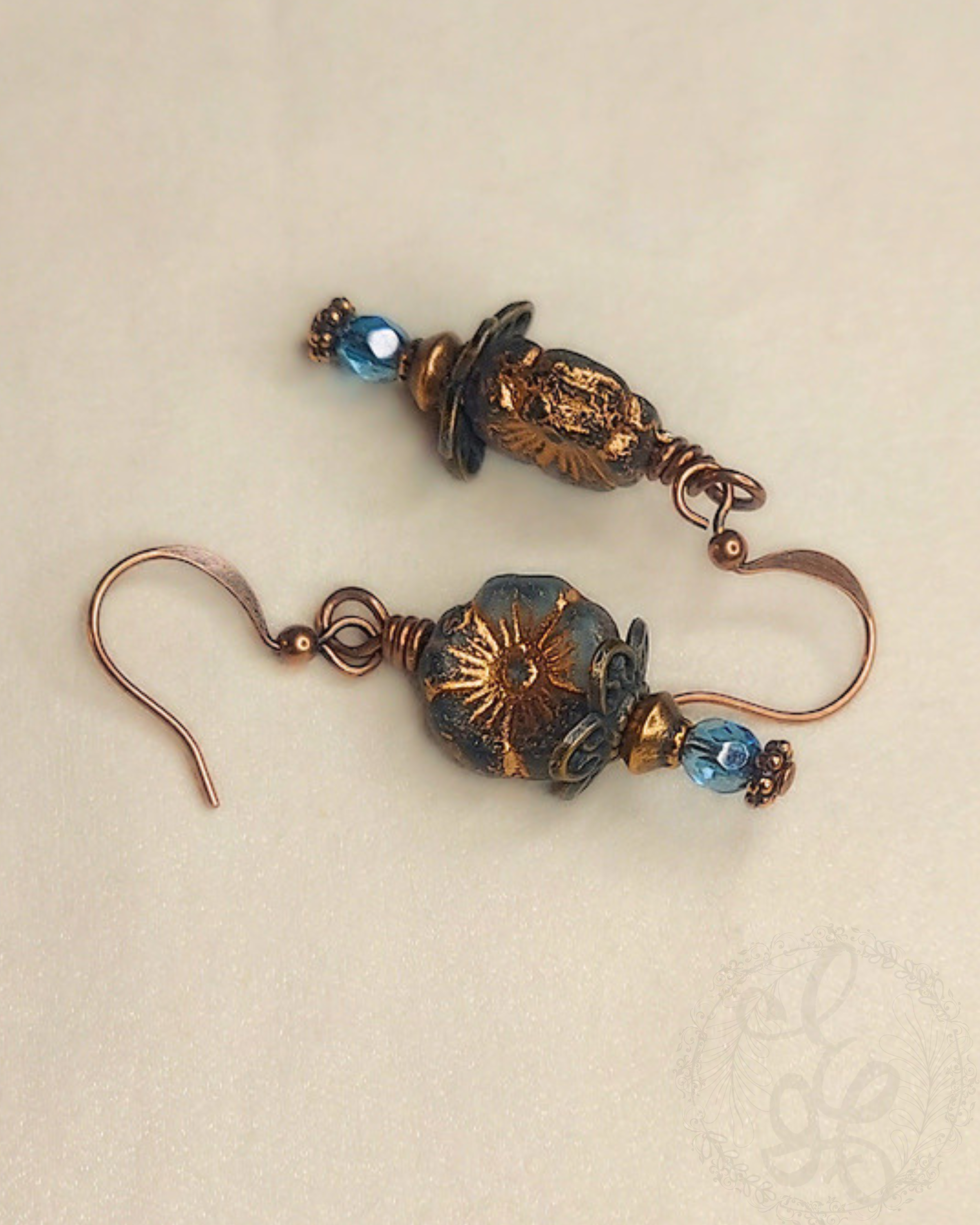Montana Blue Hibiscus Earrings, Czech Glass Floral Jewelry, Antique Copper Dangle Earrings, Vintage Inspired Heirloom Style Gift for Her